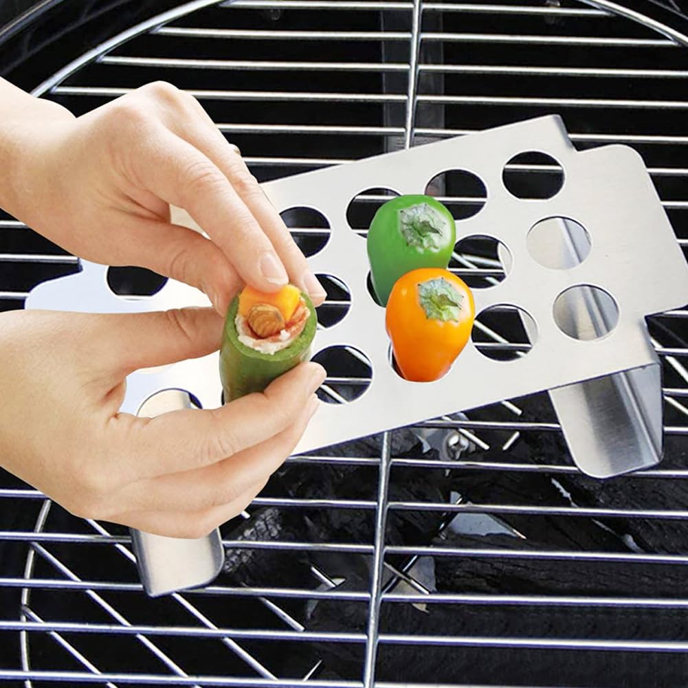 Stainless Steel Jalapeno Grill Rack with Corer Tool - 18 Hole Jalapeno Popper Holder for Drumsticks & Chicken Wings - BBQ Smoker & Oven Safe Roaster Griller - Perfect for Backyard BBQs, Tailgating & Outdoor Cooking (Silver)