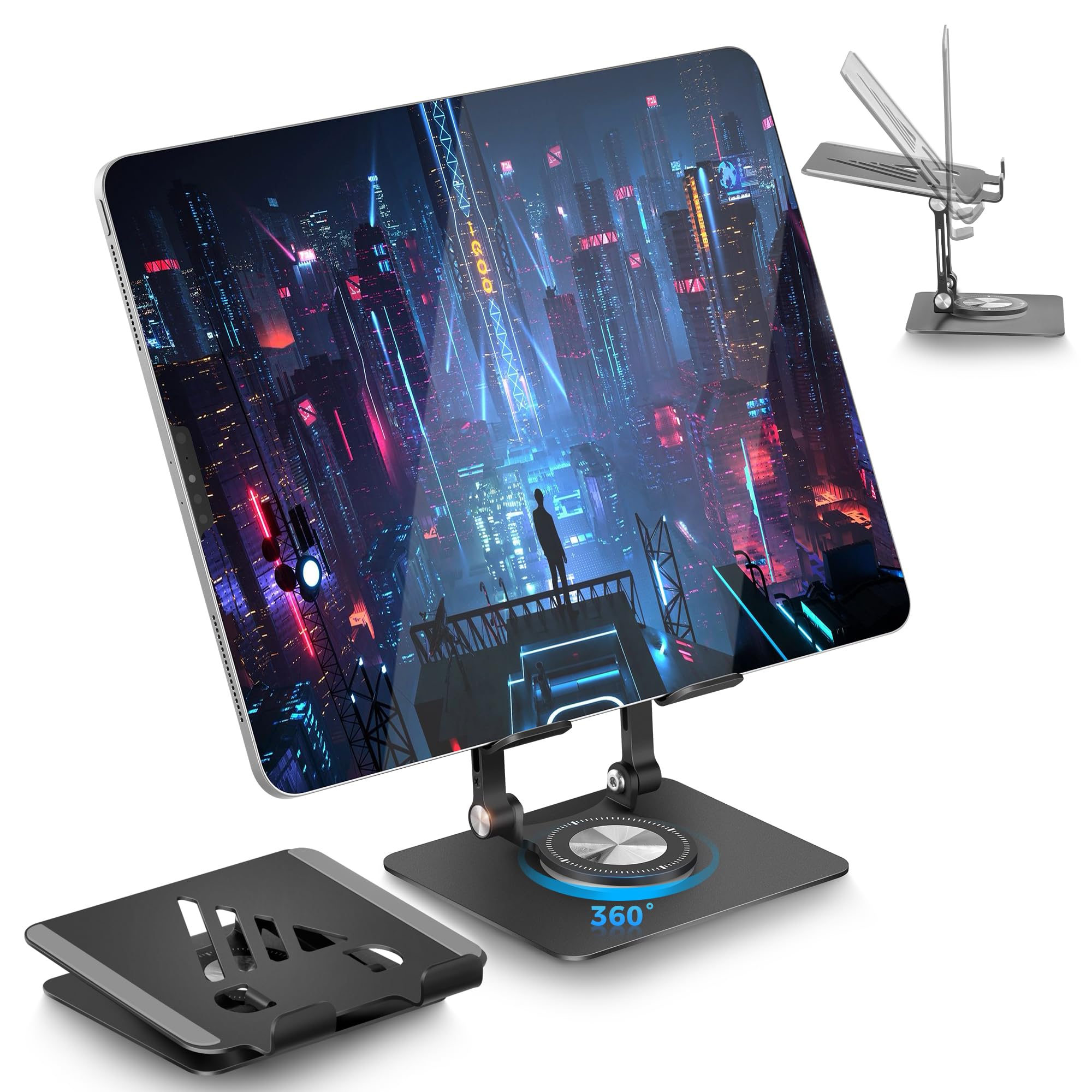Adjustable & Foldable Tablet Stand for iPad Pro - 360° Rotating Base, Portable Monitor Stand for Desk - Perfect for Office, Home, or Travel (Black) - Ideal for Video Calls, Reading, and Hands-Free Viewing