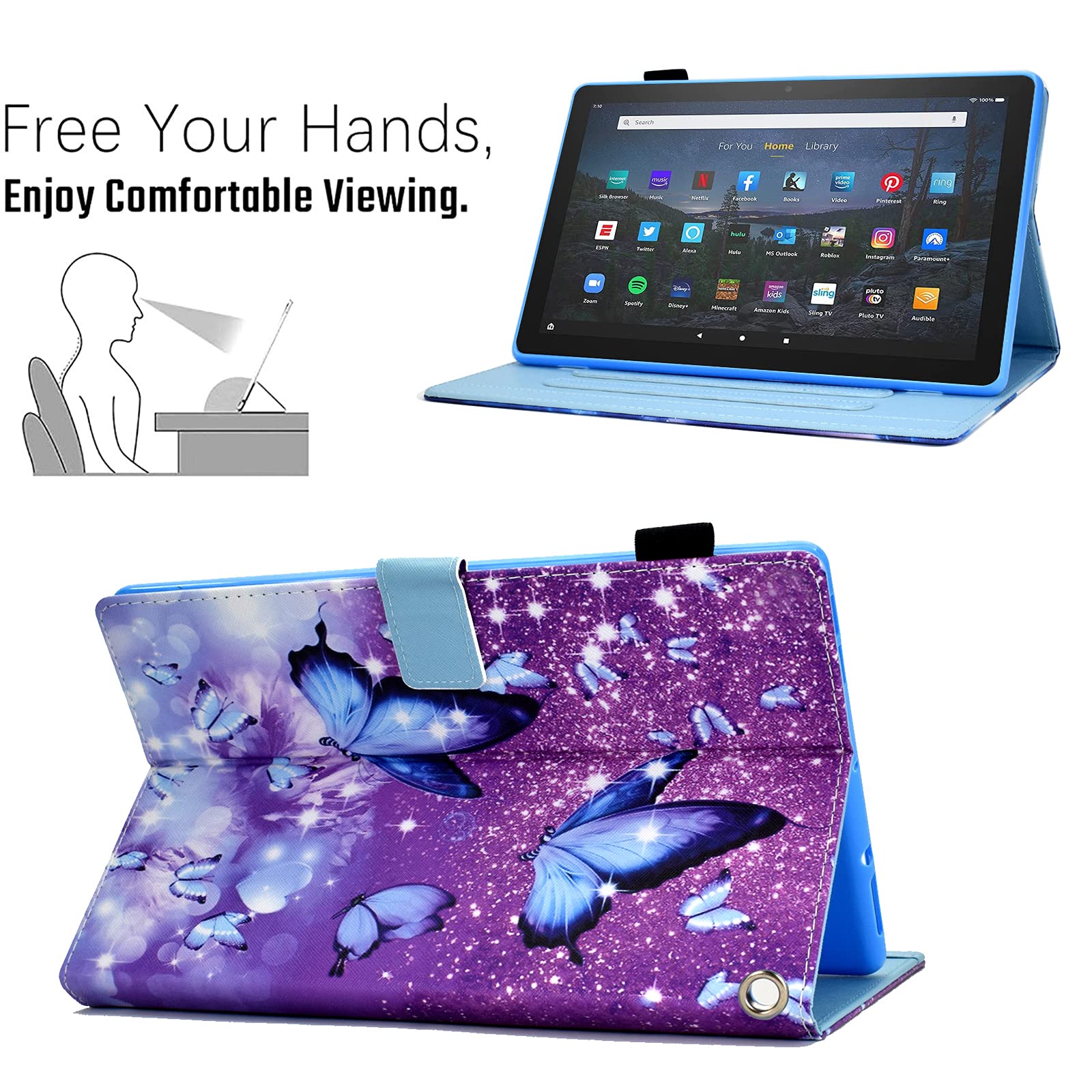 Premium PU Leather Stand Folio Cover Case for Kindle Fire HD 10 & Fire HD 10 Plus (13th/11th Gen 2023/2021) - Auto Wake/Sleep, Purple Butterfly Design - Perfect for Reading, Travel & Home Use