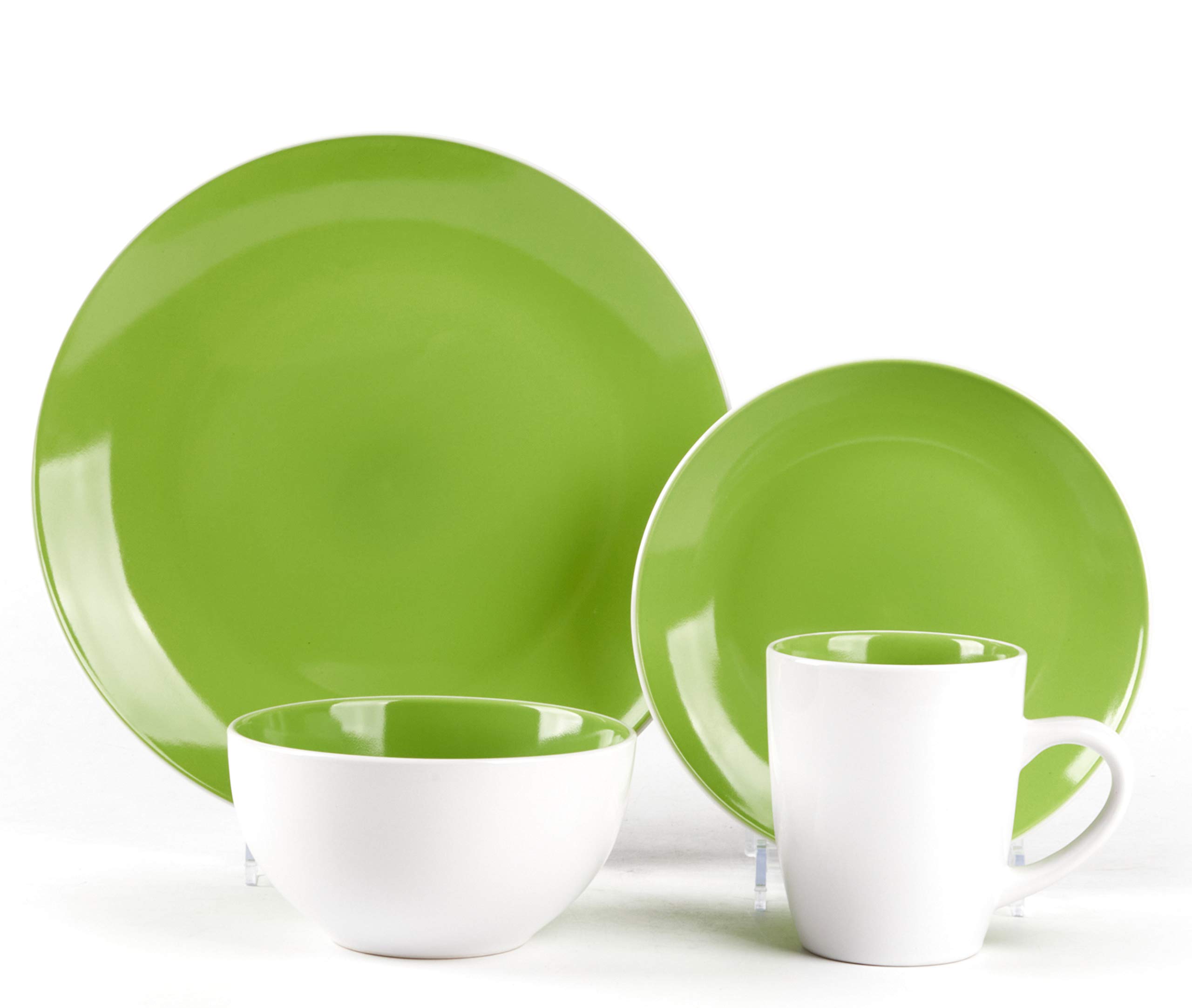 16-Piece Stoneware Dinnerware Set - White Exterior & Bamboo Interior - Elegant Coupe Shape for Everyday Dining & Entertaining