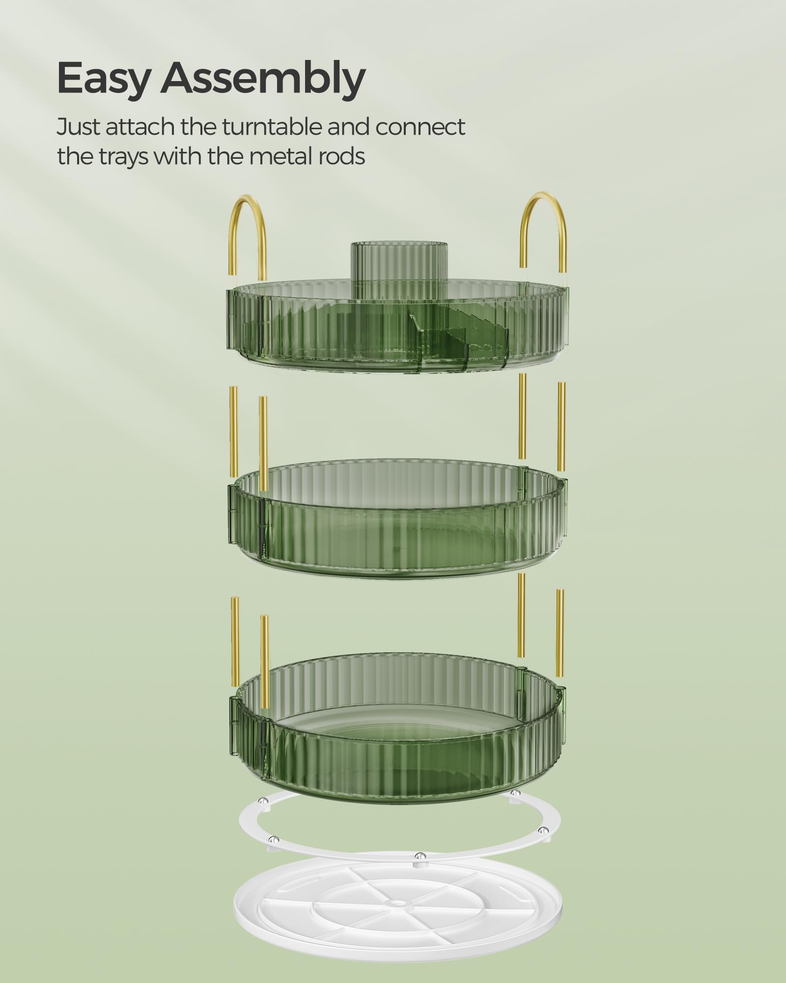 SONGMICS 3-Tier Rotating Makeup Organizer | Round Skincare & Toiletries Vanity Organizer with Lazy Susan | Customizable Cosmetic Storage | Perfect for Bathroom Countertop, Dressing Table & Gift Giving | Pale Green UJKA011C01