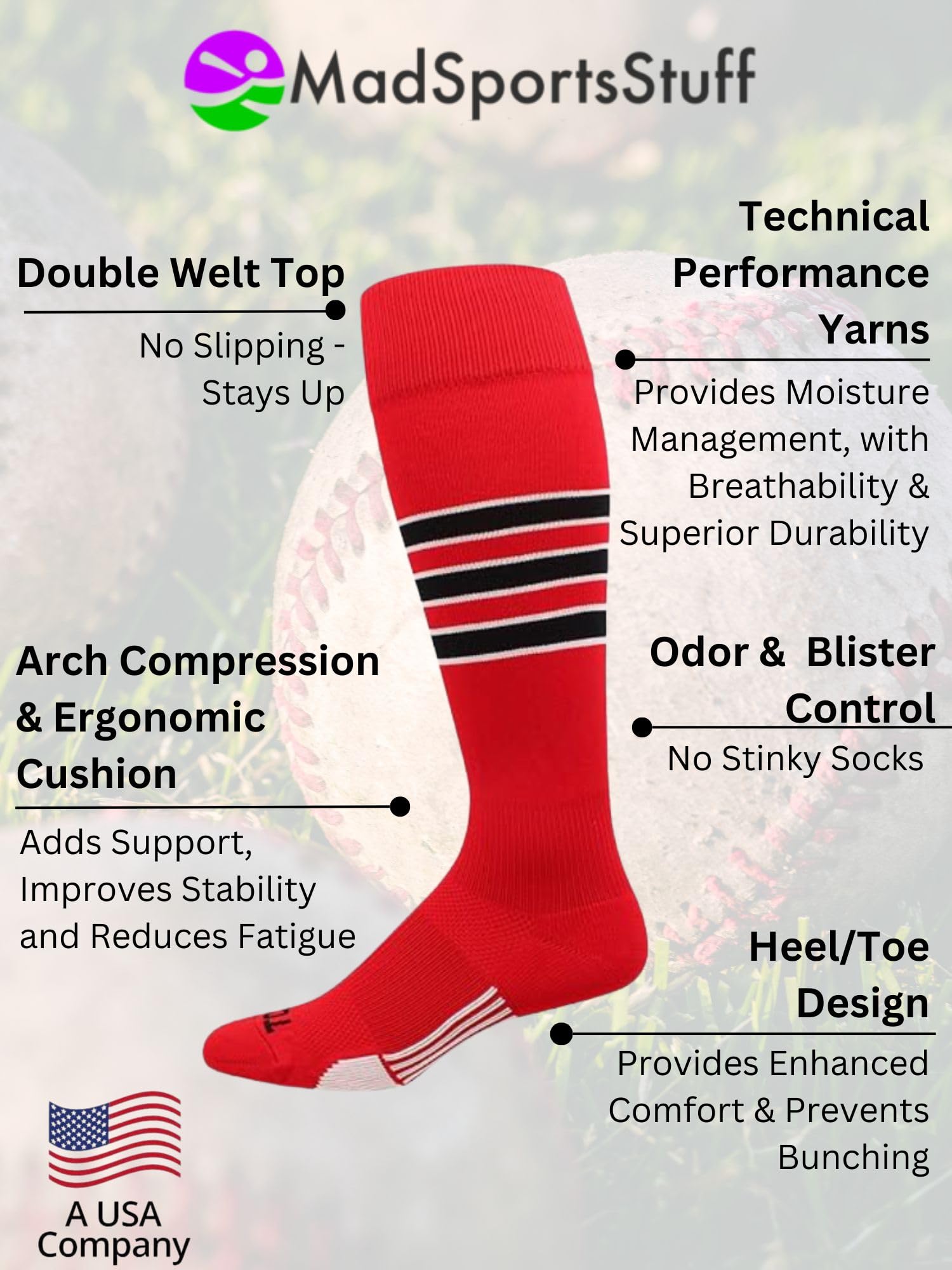 MadSportsStuff Baseball & Softball Socks - Striped Over-the-Calf Athletic Socks for Men, Women, Boys & Girls - Perfect for Games, Practices & Team Sports
