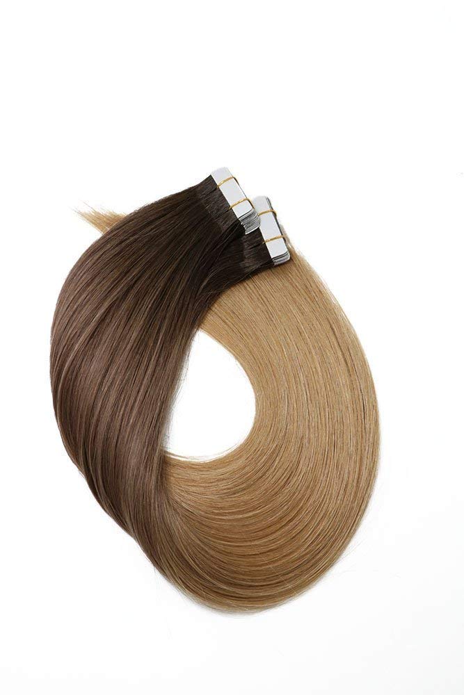 20 Pieces Tape in Hair Extensions 14 Inch 50g - Ombre Brown Highlights Human Hair - Invisible Seamless Extensions for Volume & Length - Perfect for Weddings, Parties & Daily Styling
