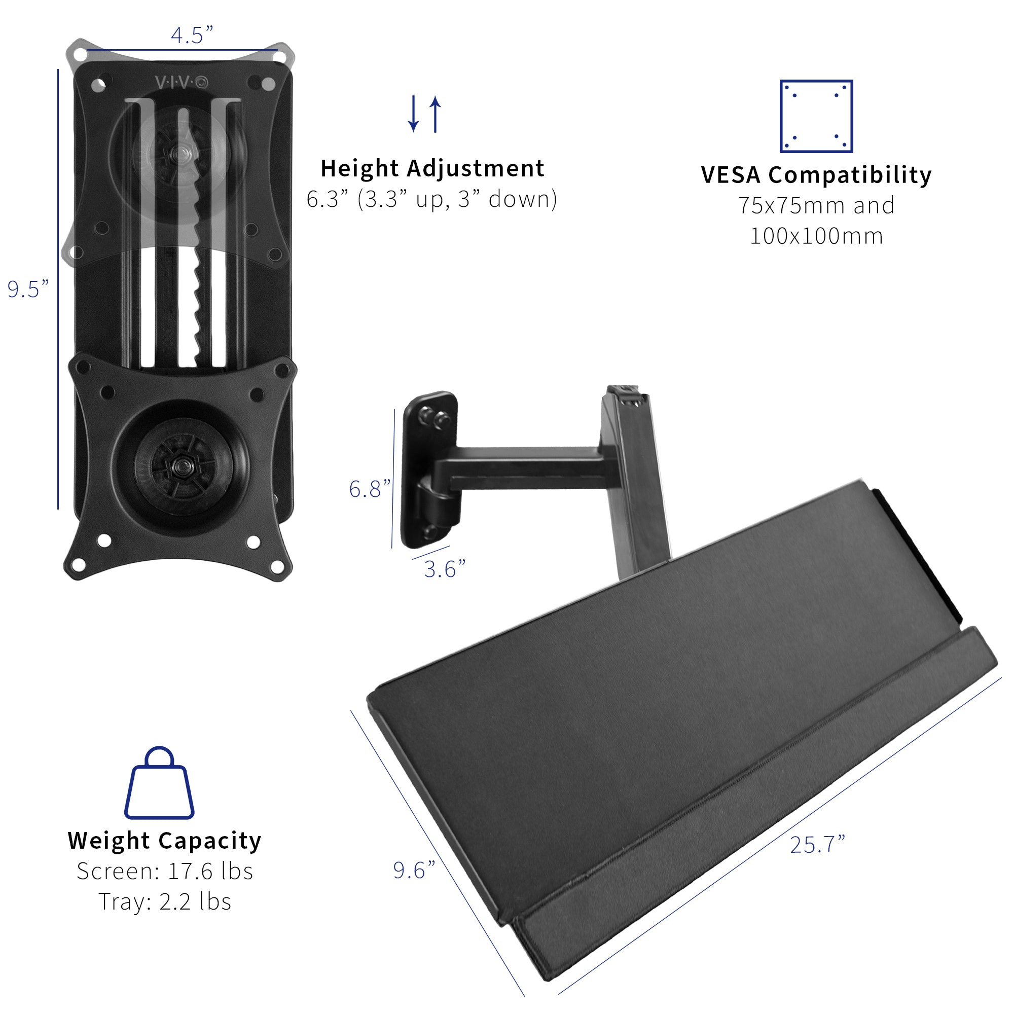 Adjustable Single Monitor Wall Mount for 17 to 32 Inch Screens with Keyboard Tray - Space Saving VESA Compatible Desk Solution for Home Office, Gaming & Workstation Setup