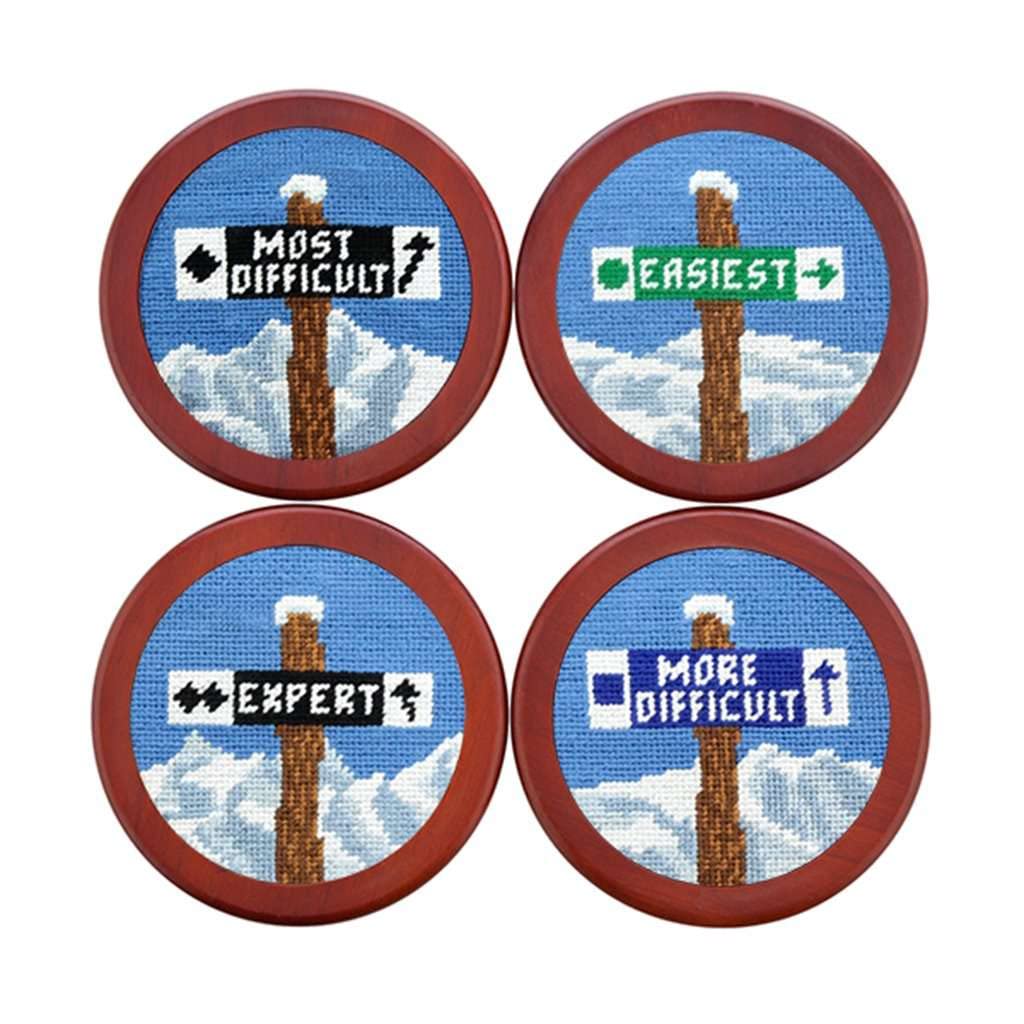 Premium Ski Trails Needlepoint Coaster Set by Smathers & Branson – Elegant Drink Coasters for Winter Cabin Decor, Ski Lodge, and Après-Ski Entertaining