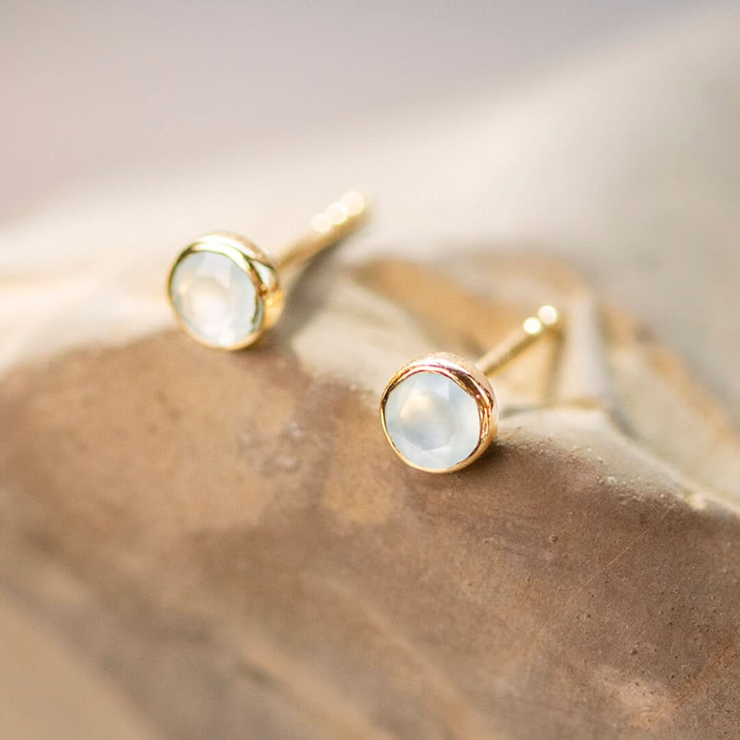 Aqua Chalcedony Mini Stud Earrings - 14K Gold Plated March Birthstone Jewelry for Women - Perfect Gift for Birthday, Anniversary & Everyday Wear