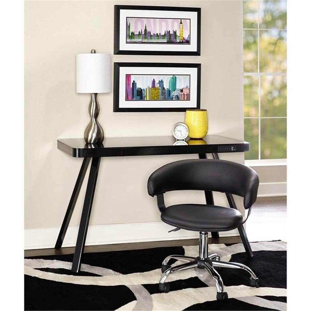 BOWERY HILL Black & Chrome Adjustable Height Gas Lift Office Chair - Faux Leather & Metal Swivel Rolling Desk Chair for Home, Office, Gaming & Study