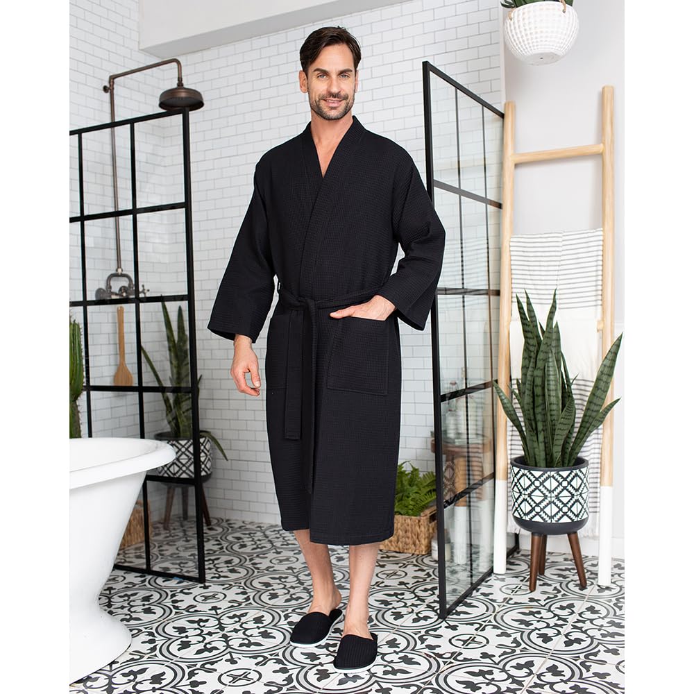 Luxury Soft Waffle Weave Cotton Bathrobe for Men - Premium SPA Quality Linen Robe - Perfect for Relaxation, Spa Days & Home Lounging