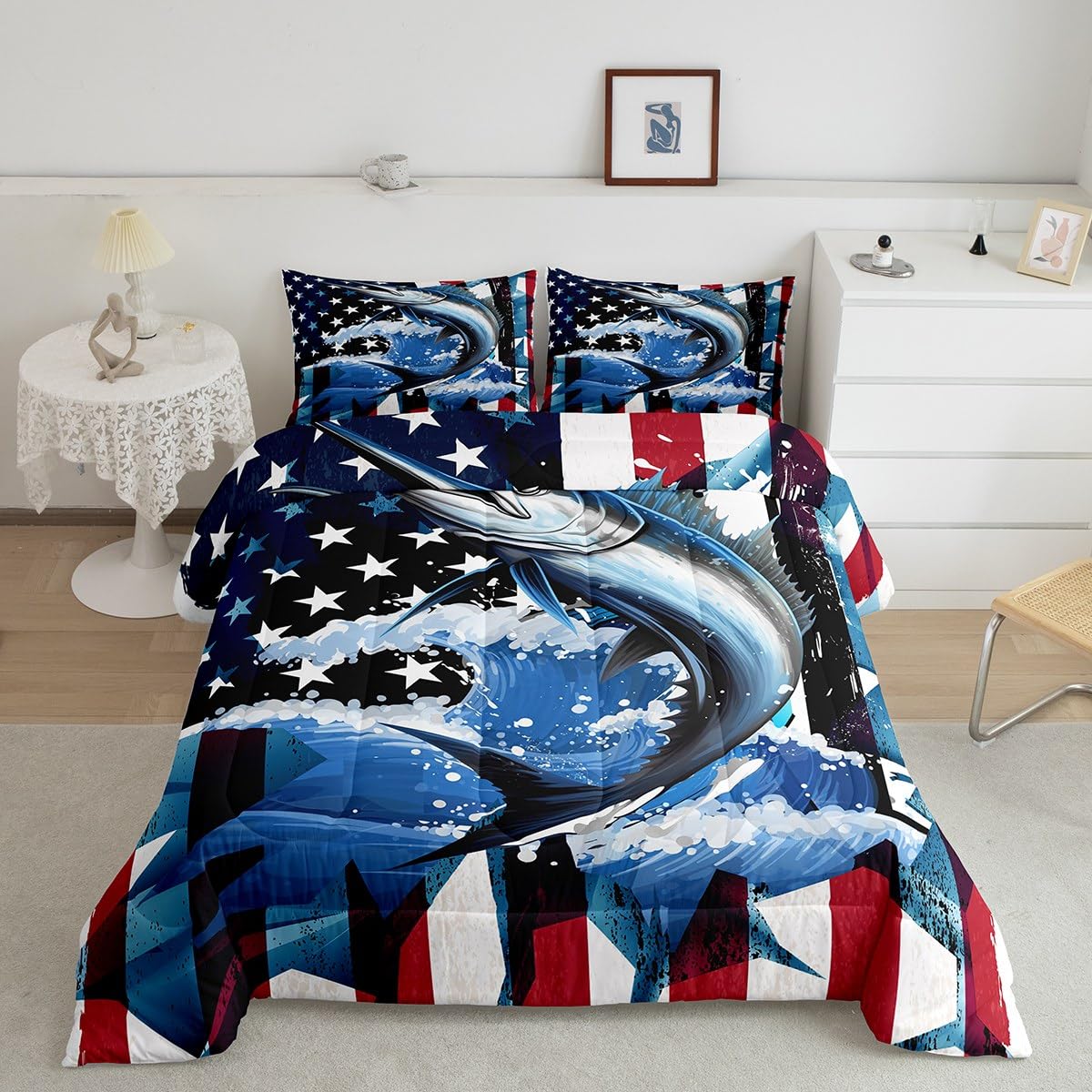 Premium Marlin Swordfish Comforter Set - American Flag Bedding for Boys, Kids, Teens & Adults - Hunting & Fishing Theme - Marine Life Ocean Animal Down Comforter with Pillow Case (Blue/Red, Twin Size) - Perfect for Coastal Bedrooms, Nautical Decor & Outdoor Enthusiast Spaces