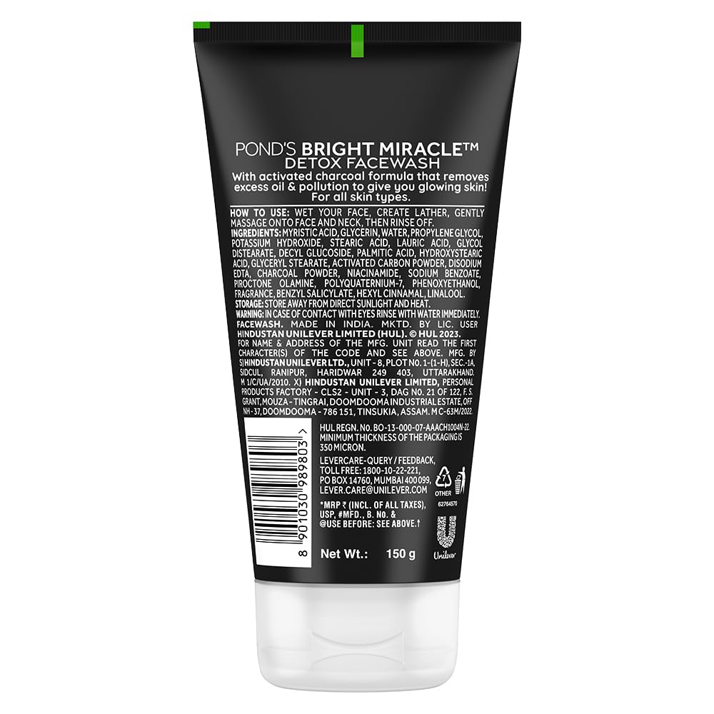 POND'S Bright Miracle Detox Face Wash with Activated Charcoal - Deep Cleansing for Glowing Skin | Removes Dirt, Oil & Pollution | 150g | Perfect for Daily Skincare Routine & Post-Makeup Cleansing
