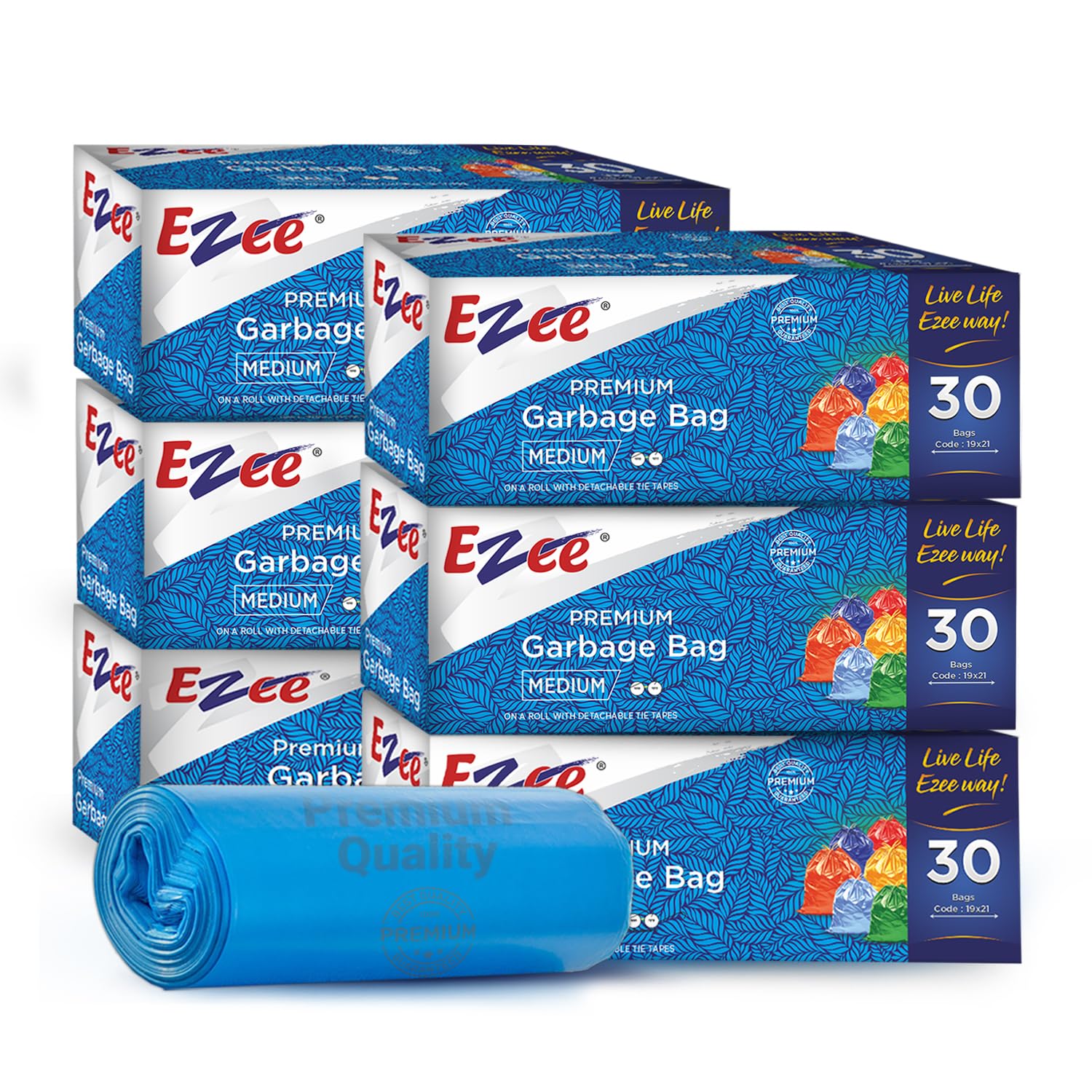 Ezee Blue Medium Trash Bags 180 Count (30 Bags x 6 Rolls) | 19x21 Inch Heavy Duty Garbage Bags for Kitchen, Office & Bathroom | Wet & Dry Waste Disposal | Leak Proof & Durable Bin Liners
