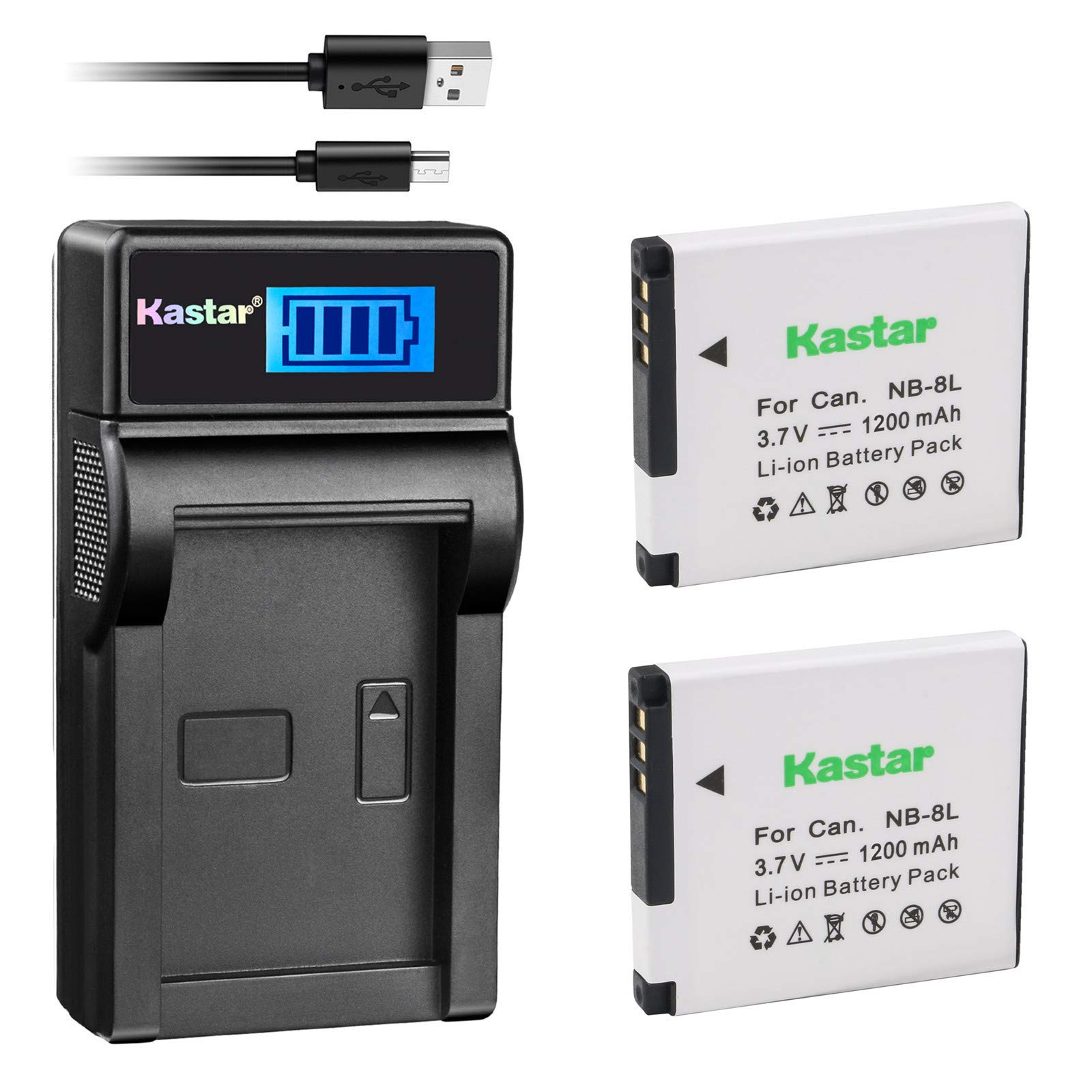 Kastar 2-Pack NB-8L Replacement Batteries & LCD Slim USB Charger for Canon PowerShot A2200 A3000 A3100 A3200 A3300 Cameras - Perfect for Travel Photography and Backup Power