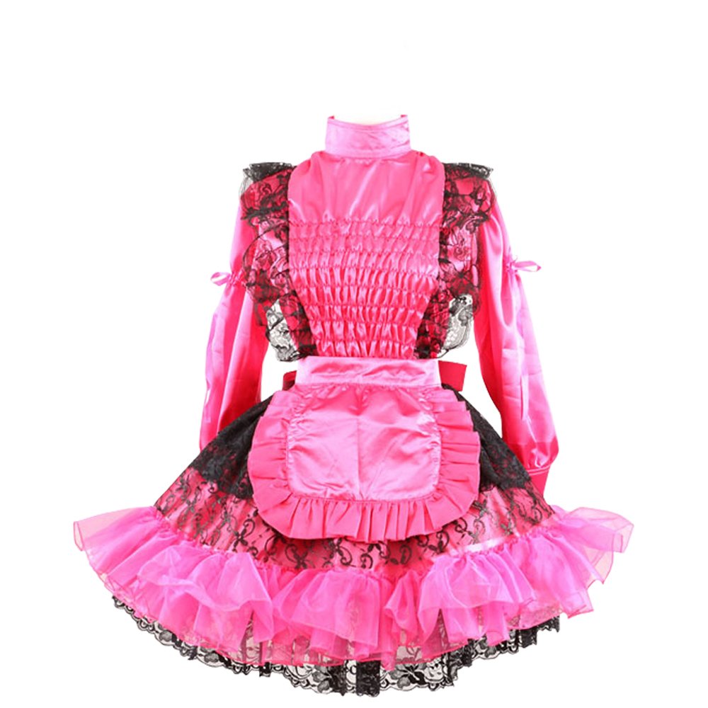 Elegant Lockable Pink & Red Satin French Maid Dress with Long Sleeves & Pleated Style - Perfect for Cosplay, Halloween Costumes & Role-Playing Parties