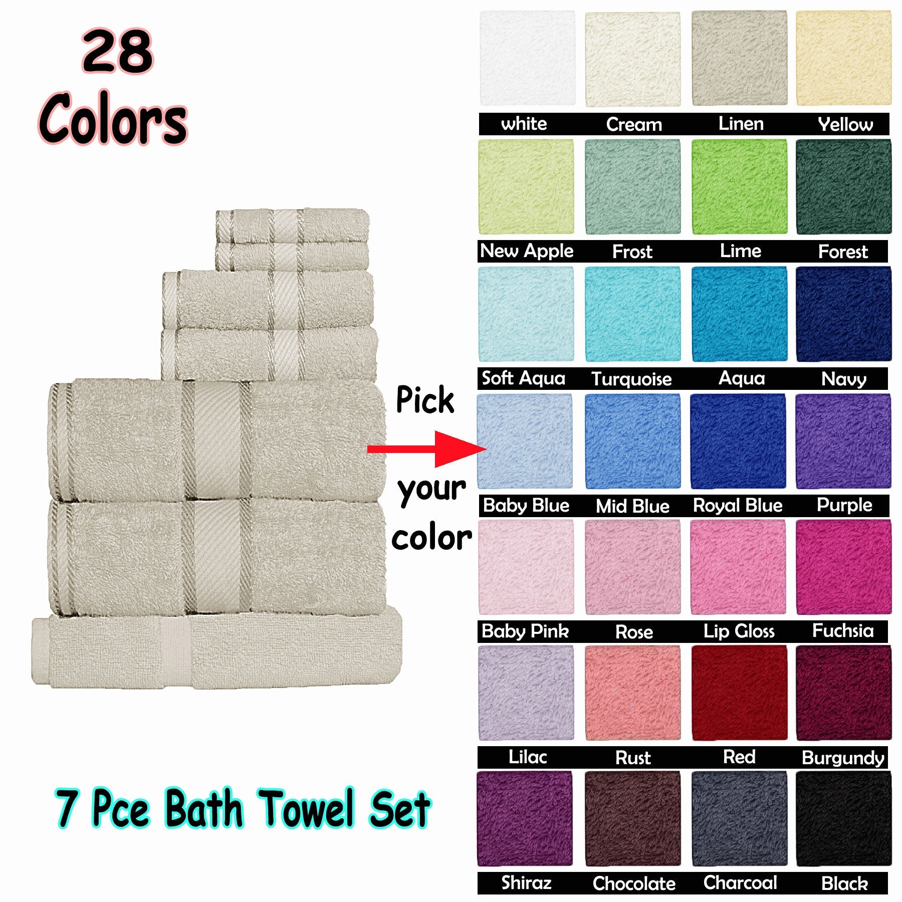 Premium 550gsm Cotton 7-Piece Towel Set in Turquoise - Ultra Soft & Absorbent Bath Towels for Spa, Bathroom & Beach Use