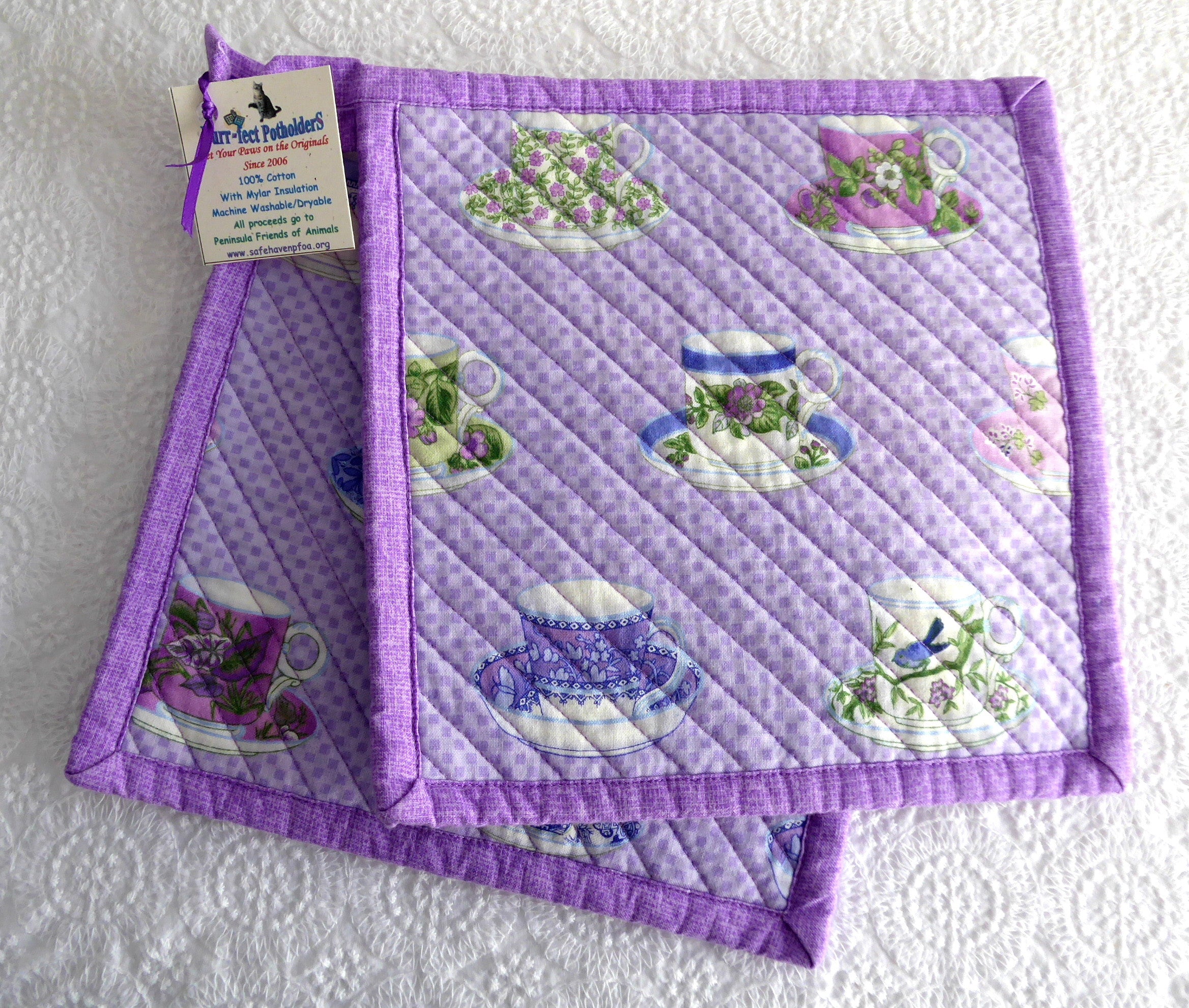 Handmade Purple Teacup Padded Potholders - Set of 2 Heat-Resistant Kitchen Mitts for Baking & Cooking | Supports Animal Charity | Perfect Gift for Tea Lovers & Home Chefs