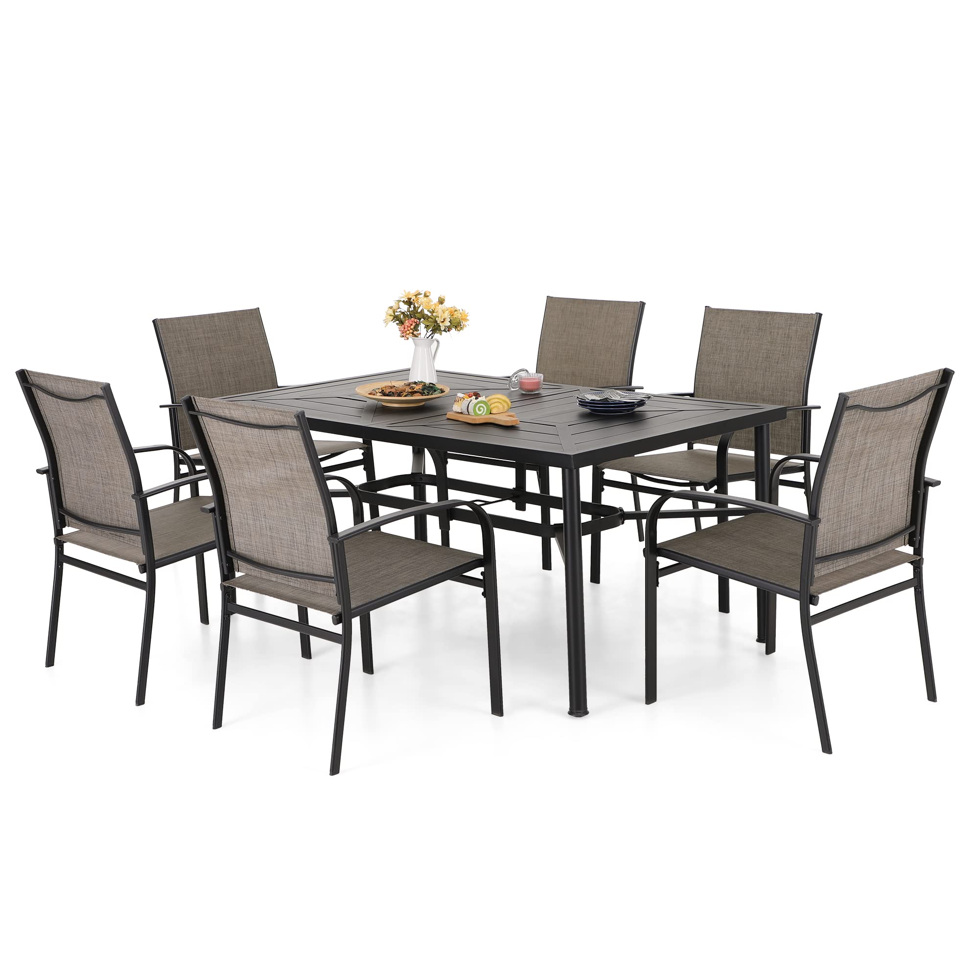 7-Piece Outdoor Dining Set with 6 Brown Textilene Chairs & Metal Rectangle Table - Patio, Garden, Backyard, Poolside Furniture for Al Fresco Dining & Entertaining