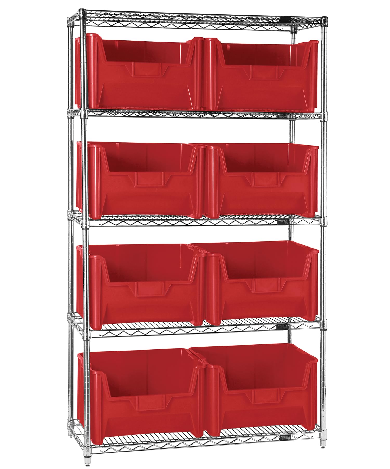 Quantum Storage Systems WR5-700RD 5-Tier Wire Shelving Unit with 8 Red Giant Stack Bins - Chrome Finish, 18