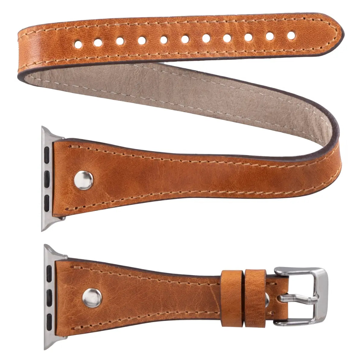 Camel Brown Leather Double Tour Slim Apple Watch Band with Silver Rivet - Stylish & Durable Replacement Strap for Work, Travel & Everyday Wear