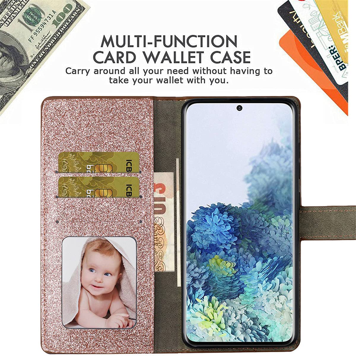 Luxury Bling Glitter Crown Butterfly Diamond Wallet Case for iPhone 13 Pro 6.1 Inch - Flip Cover with Card Slot for Women (Rose Gold) | Perfect for Parties, Dating & Everyday Use