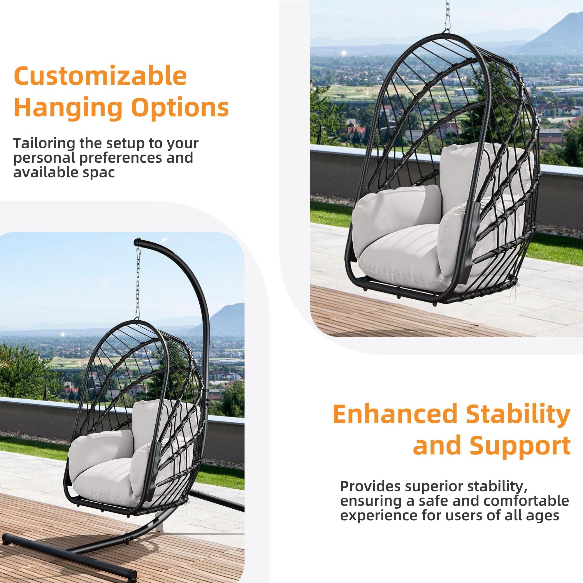 DWVO Foldable Wicker Egg Swing Chair 450lbs Capacity - Hanging Hammock with Cushions & Stand, Indoor/Outdoor Patio Swing Chair for Bedroom, Garden, Balcony (Grey) - Perfect for Relaxing, Reading & Lounging in Your Backyard or Sunroom