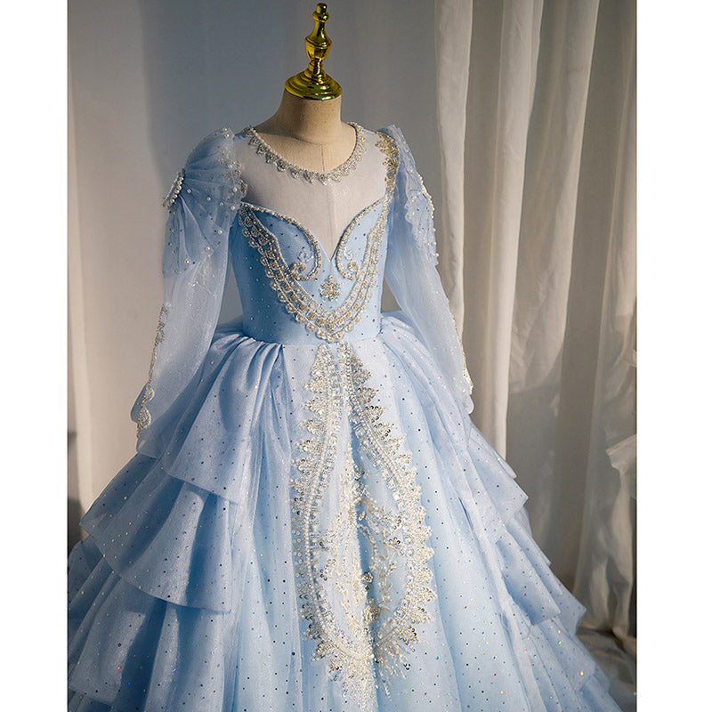 Elegant Dusty Blue Sequined A-Line Flower Girl Dress with Long Sleeves - Perfect for Weddings, Pageants & Special Occasions