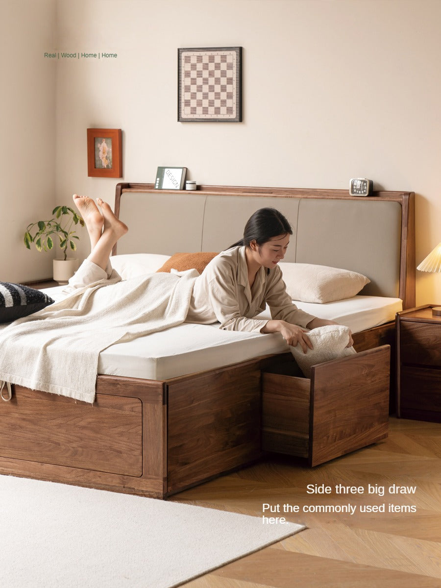 Solid Black Walnut Wood Leather-Upholstered Drawer Box Bed - Nordic Style Platform Bed with Storage for Modern Bedroom