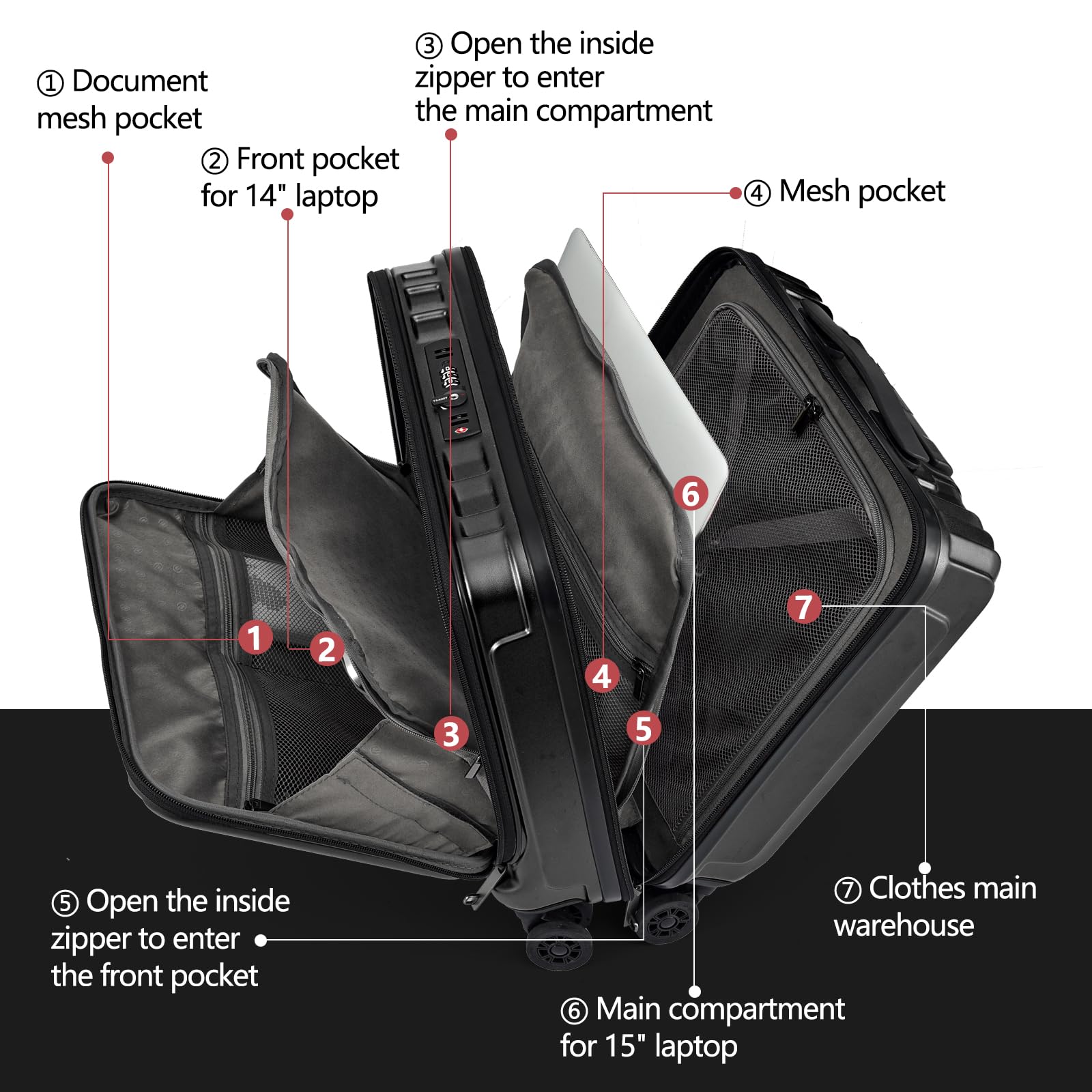 TydeCkare 16 Inch Carry On Luggage with 2 Laptop Compartments - Lightweight Hardshell ABS+PC Suitcase with TSA Lock, YKK Zippers & 4 Spinner Wheels - Perfect for Business Travel & Weekend Getaways (Black)