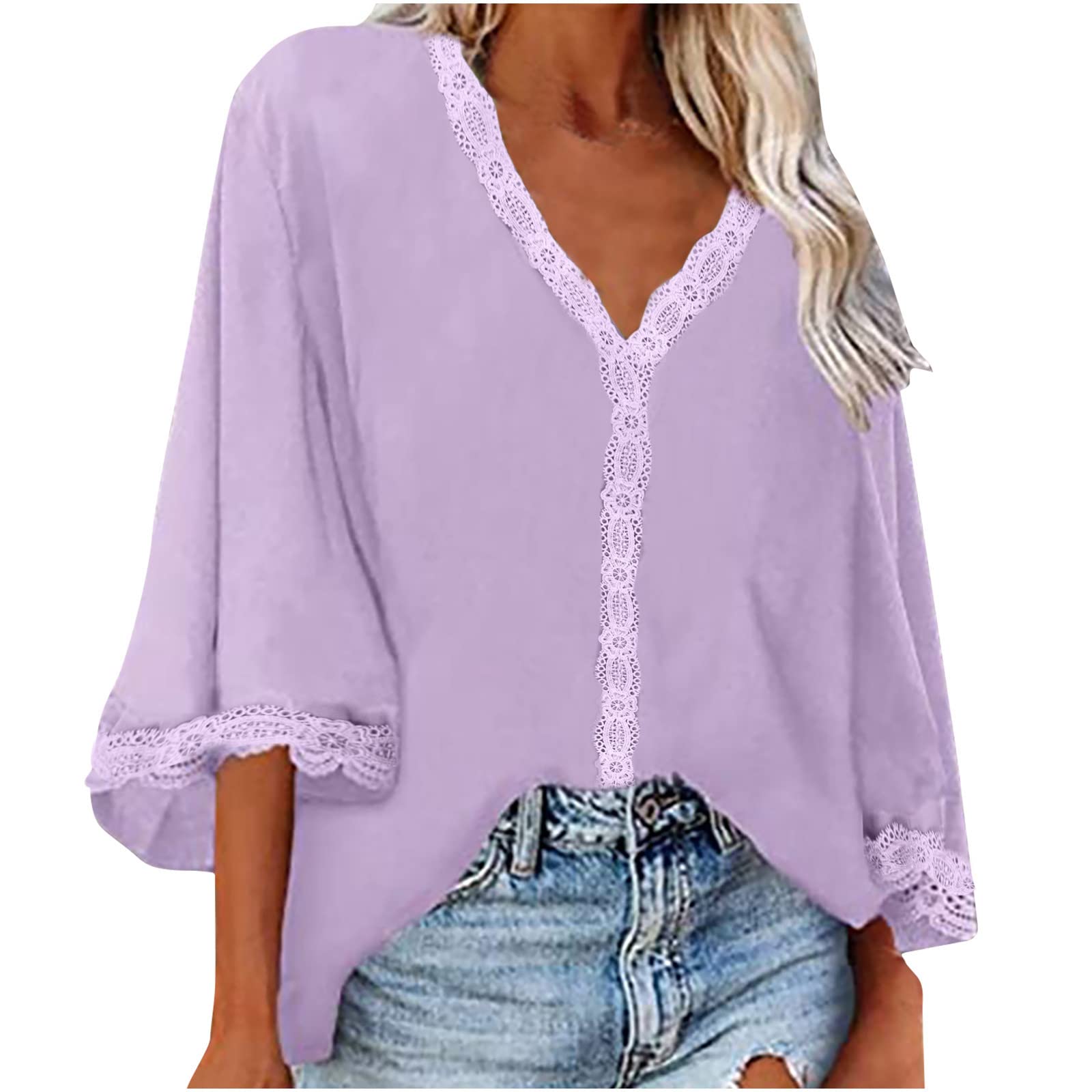Women's Casual Summer Lace Trim Flare Half Sleeve T-Shirts - Soft V-Neck Loose Tunic Tops for Everyday Wear, Office & Date Nights