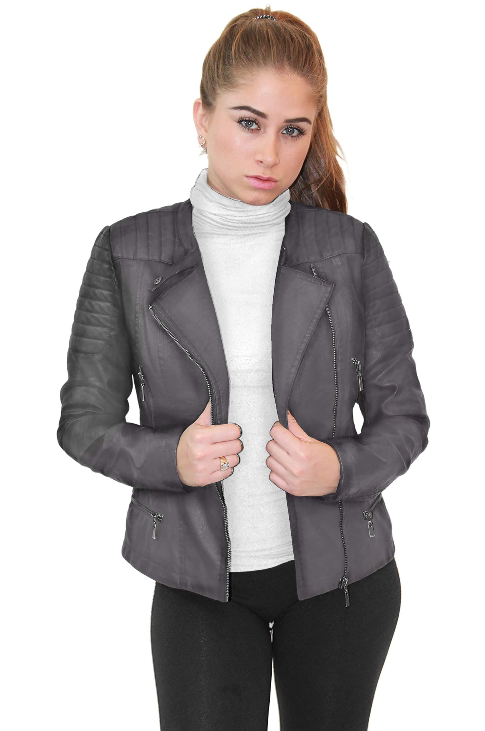 Olivia Miller Women's Faux Leather Zip-Up Moto Biker Jacket - Stylish Outerwear for Riding, Casual Wear & Night Out