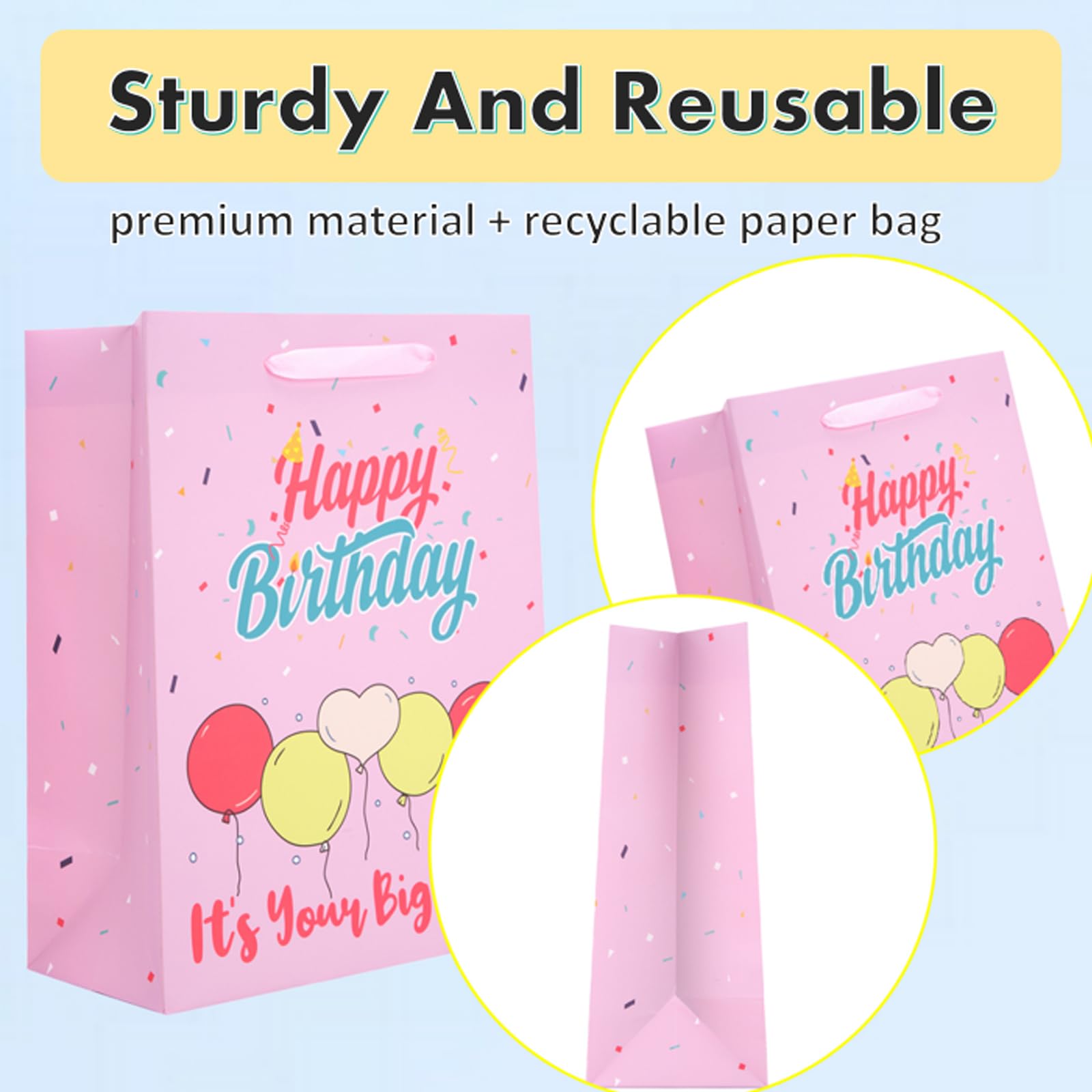 Ronvir 4-Piece Pink Birthday Gift Bags for Girls - Large 10x13x5 Inch Party Favor Bags with Tissue Paper - Perfect for Kids' Birthday Parties, Baby Showers & Special Occasions