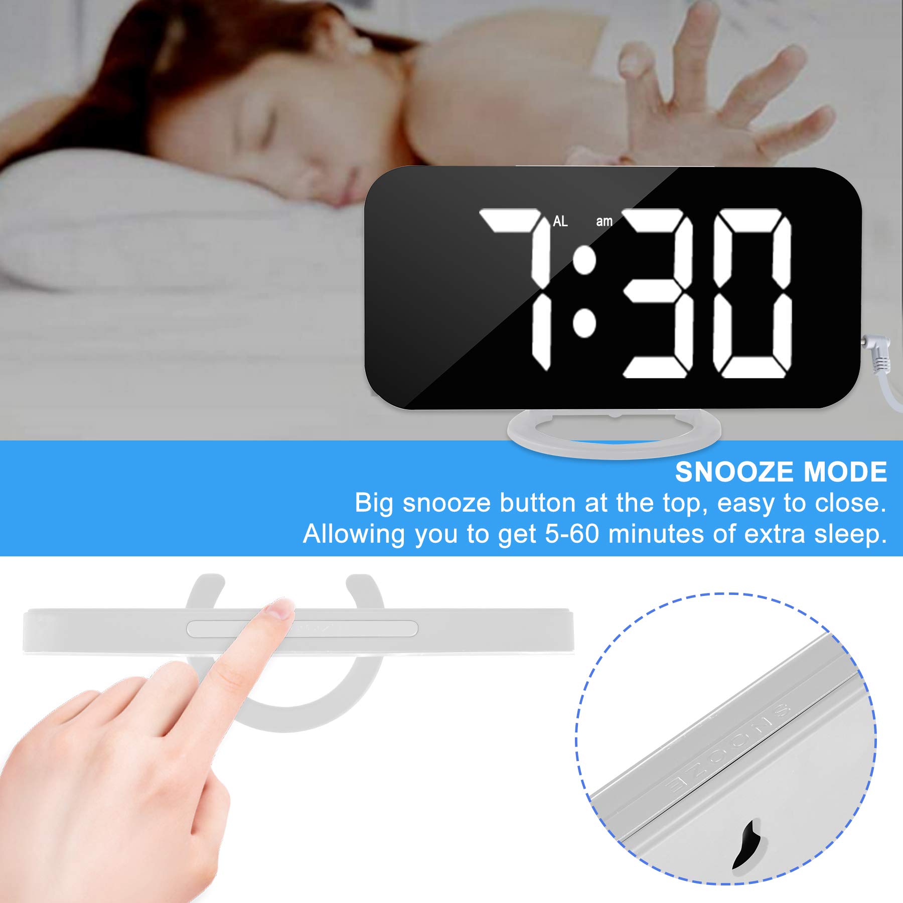 MOOGEE Digital Alarm Clock with Mirror & LED Display, 6.5