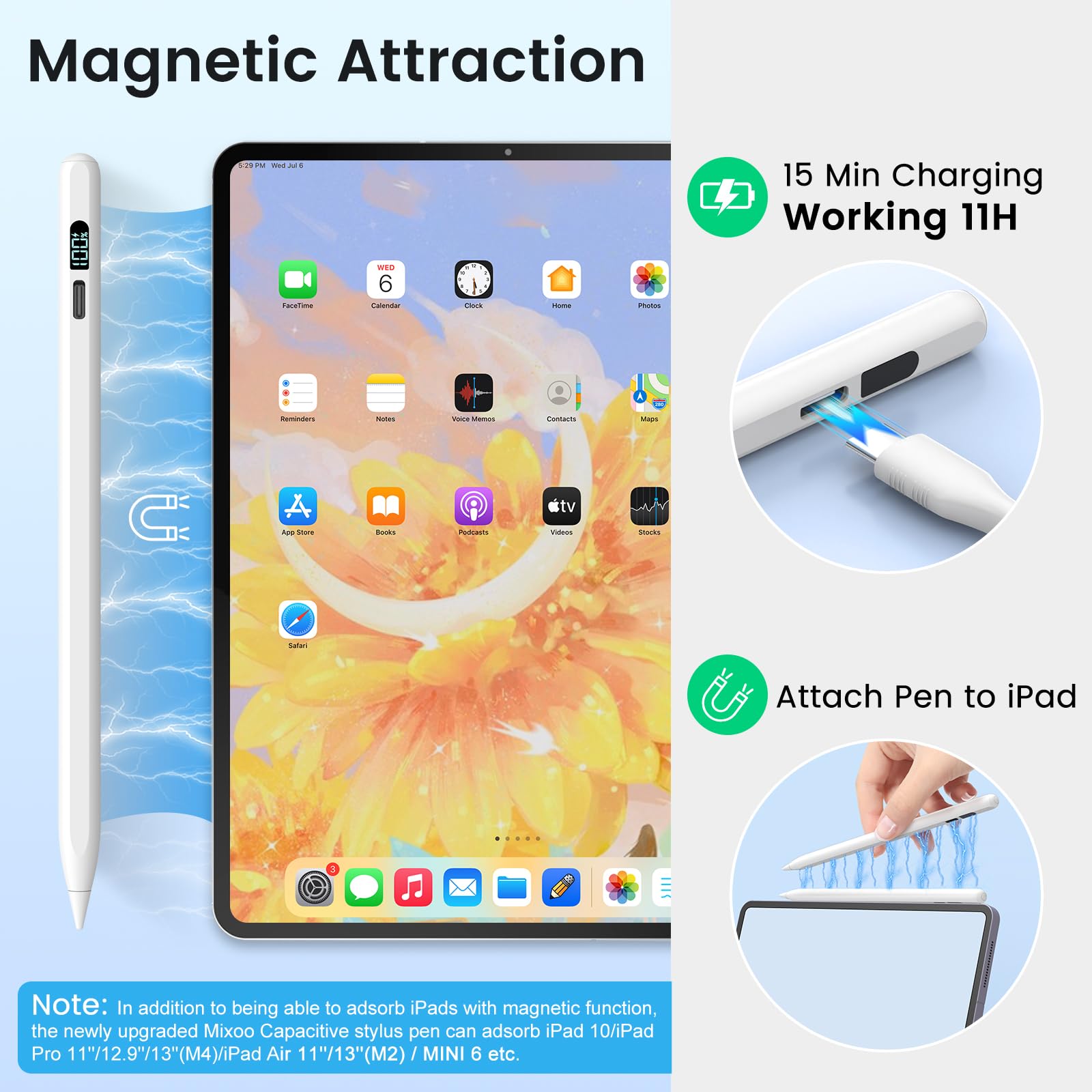 Mixoo iPad Pencil for iPad 10th/9th Generation - LED Power Display Stylus with Fast Charging, Palm Rejection & Tilt Sensitivity - Compatible with iPad Pro 12.9/11/M4, iPad Air 5/4/3/M2, iPad Mini 6/5 - Perfect for Drawing, Note-Taking & Digital Art
