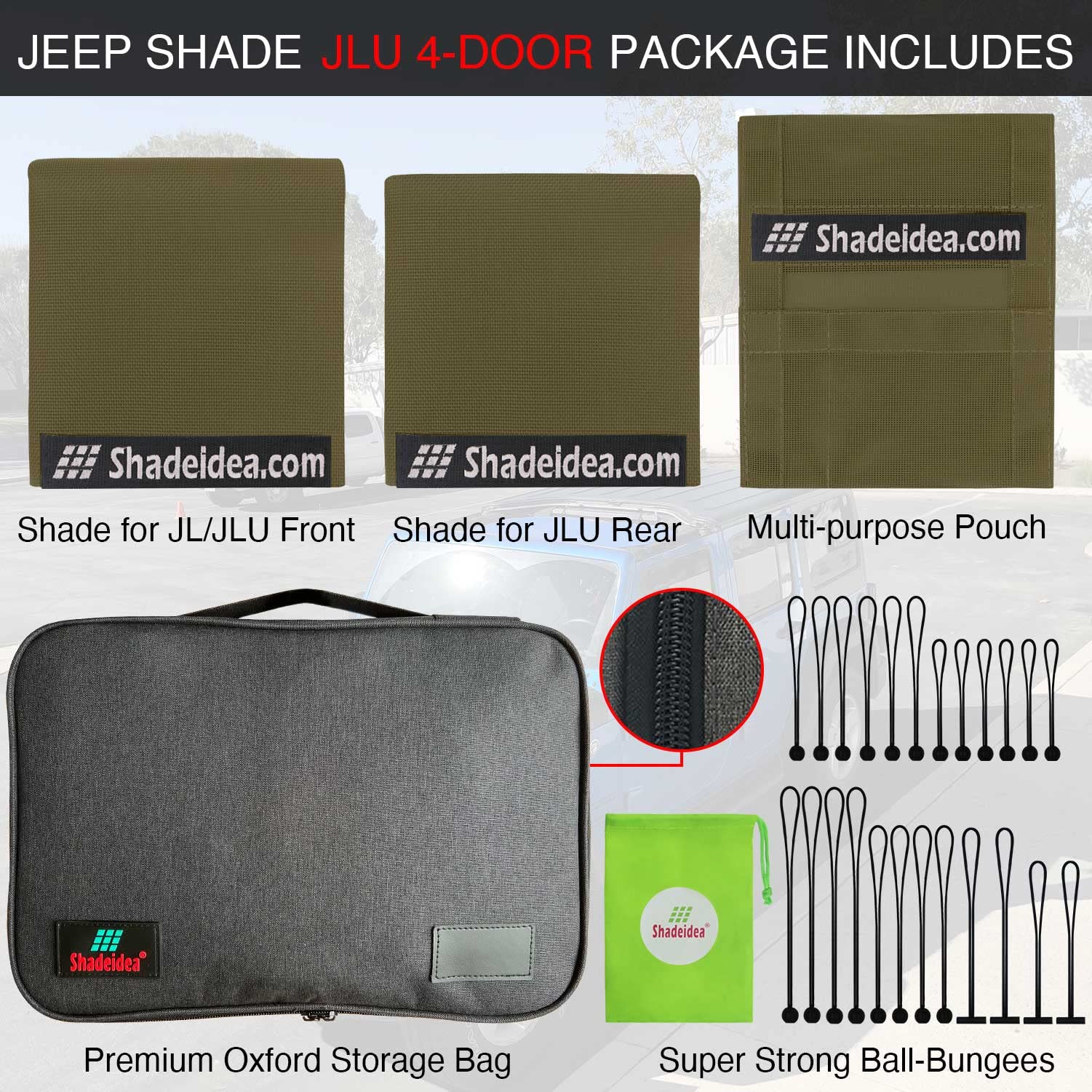 Shadeidea Jeep Wrangler JL (2018-2023) 4-Door Sun Shade Top - Front & Rear Mesh Screen Cover with UV Protection | Tank Green JLU Sunshade | Includes Grab Bag Pouch & 10-Year Warranty | Perfect for Off-Roading, Beach Trips & Summer Driving