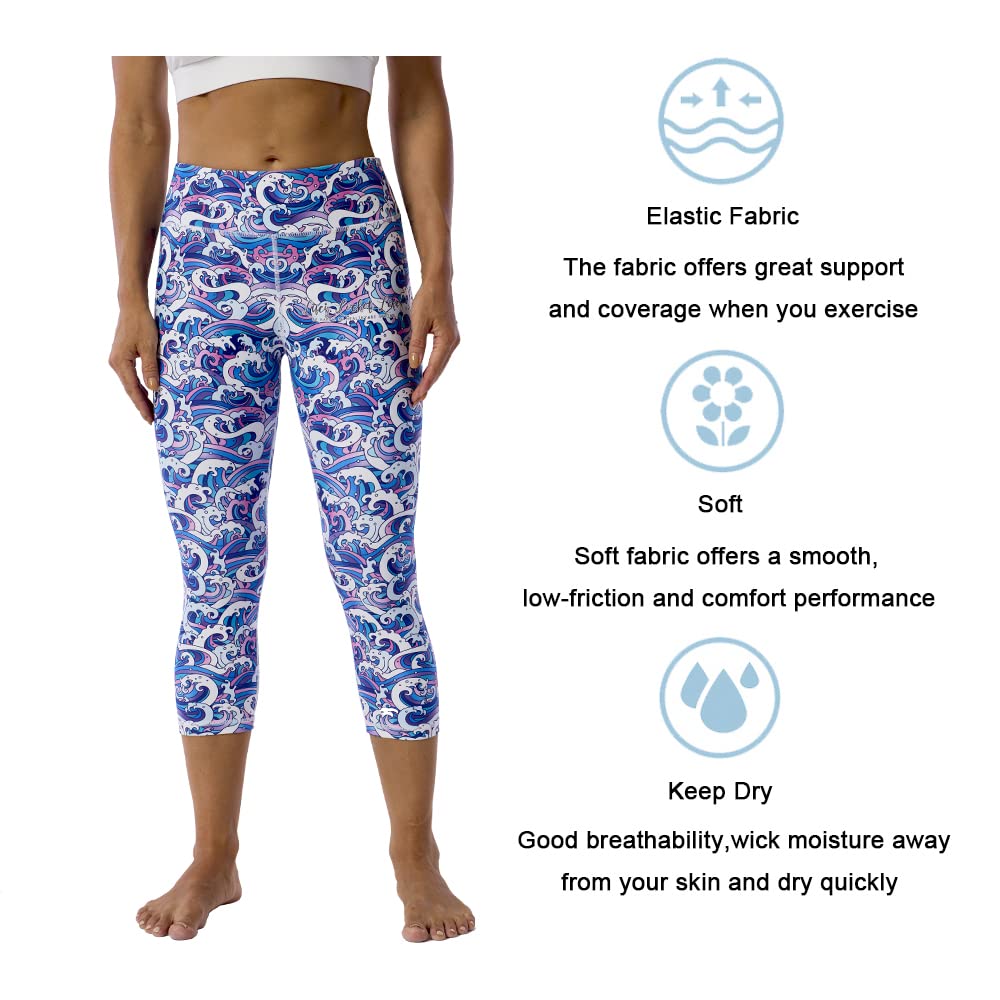 Printed Leggings with Pockets for Women - High Waisted Tummy Control Capri Yoga Pants - Moisture Wicking Spandex Workout Leggings - Perfect for Yoga, Gym & Casual Wear