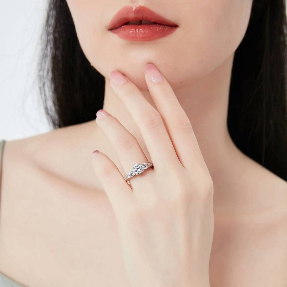 BERRICLE Sterling Silver 3-Stone Wedding & Engagement Ring Set - 1 Carat Round Cut Cubic Zirconia CZ for Women - Rhodium Plated Size 4-10 - Perfect for Proposals, Anniversaries & Special Occasions