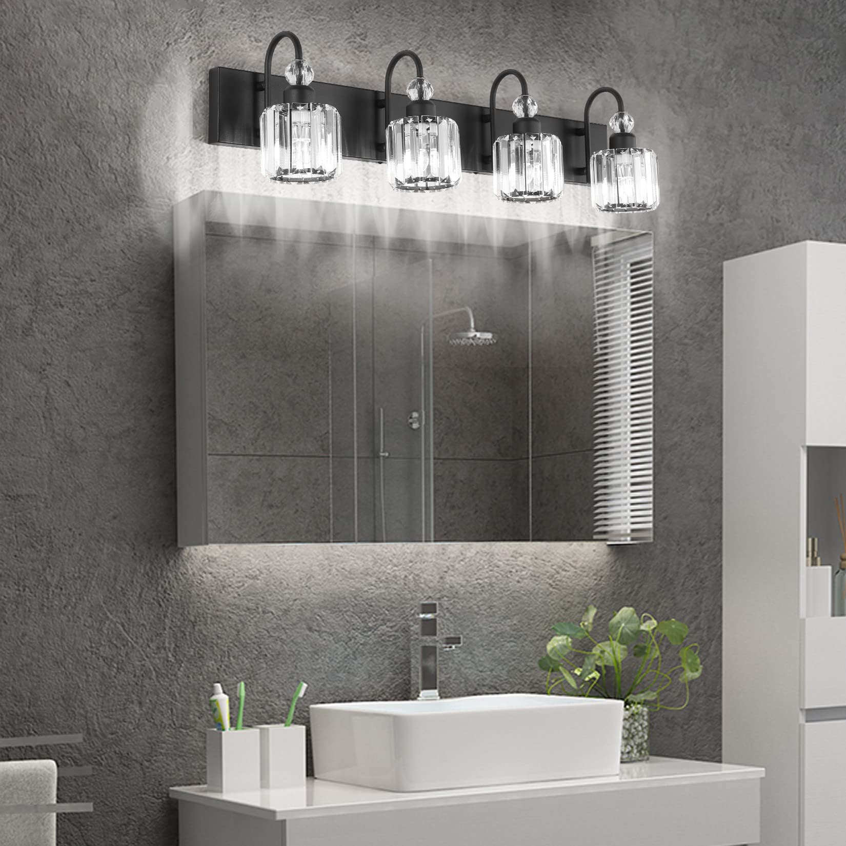 Ralbay Modern Black 4-Light Crystal Vanity Lights for Bathroom - Matte Black Wall Sconce with Crystal Accents - Perfect for Bathroom, Dressing Room & Bedroom Lighting