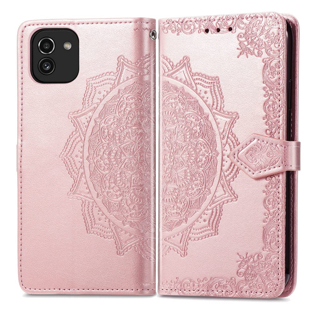 Samsung Galaxy A03 Case 5G - Leather Wallet Flip Cover with Magnetic Closure, Shockproof Protection, Card Slots & Stand Feature | Perfect for Daily Use, Travel & Business (SD Mandala Rose Gold)
