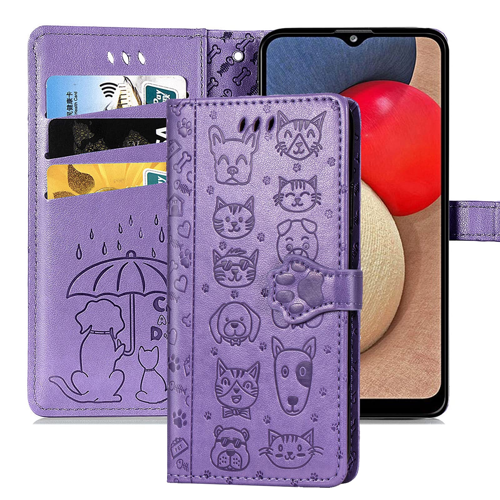 Cute Cat & Dog Cartoon PU Leather Wallet Case for Samsung Galaxy A03S - Flip Phone Cover with Card Holder (MG Purple) | Perfect for Daily Use, Travel & Hands-Free Convenience