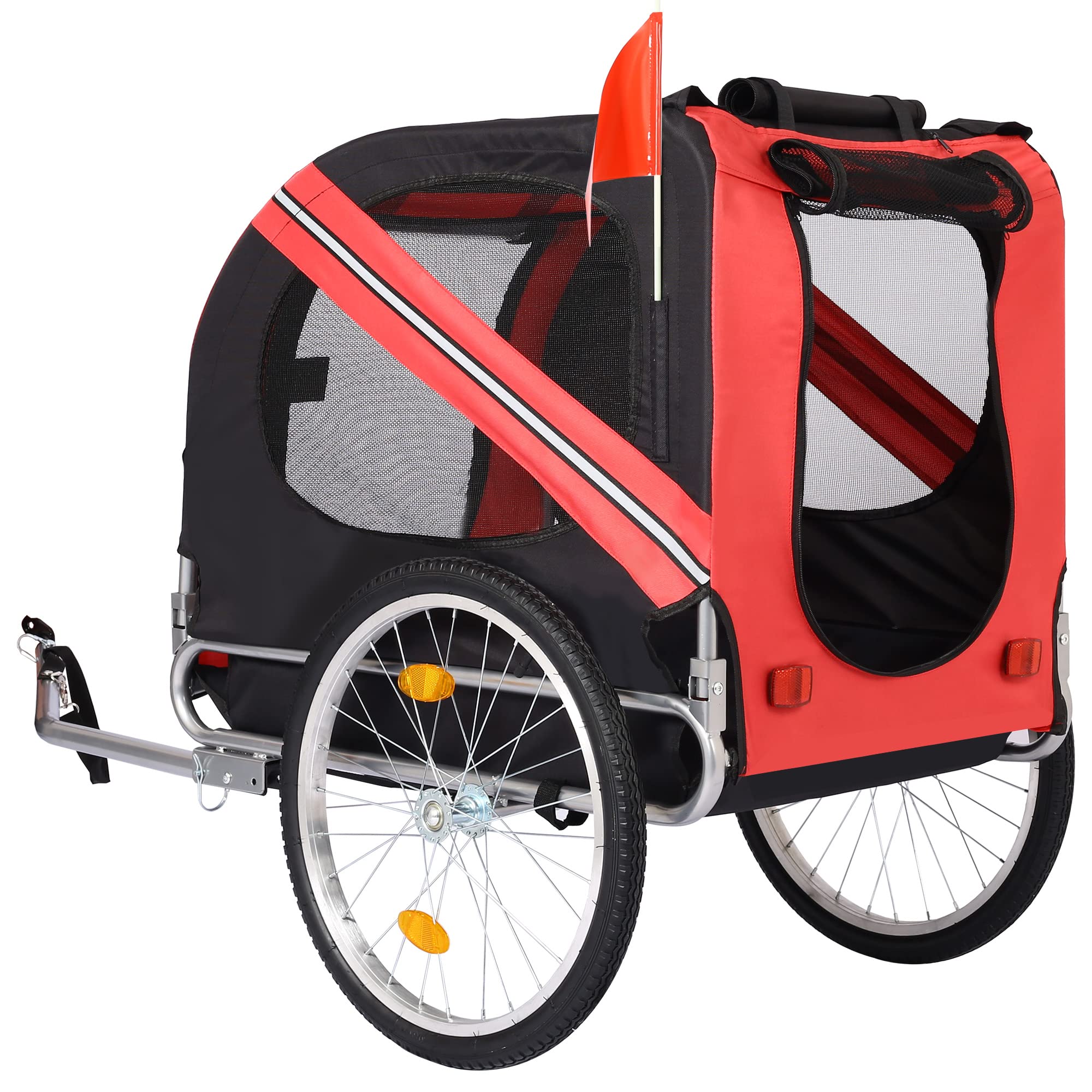 Foldable Bike Dog Trailer with 3 Entry Points - Safety Flag & 8 Reflectors, 20