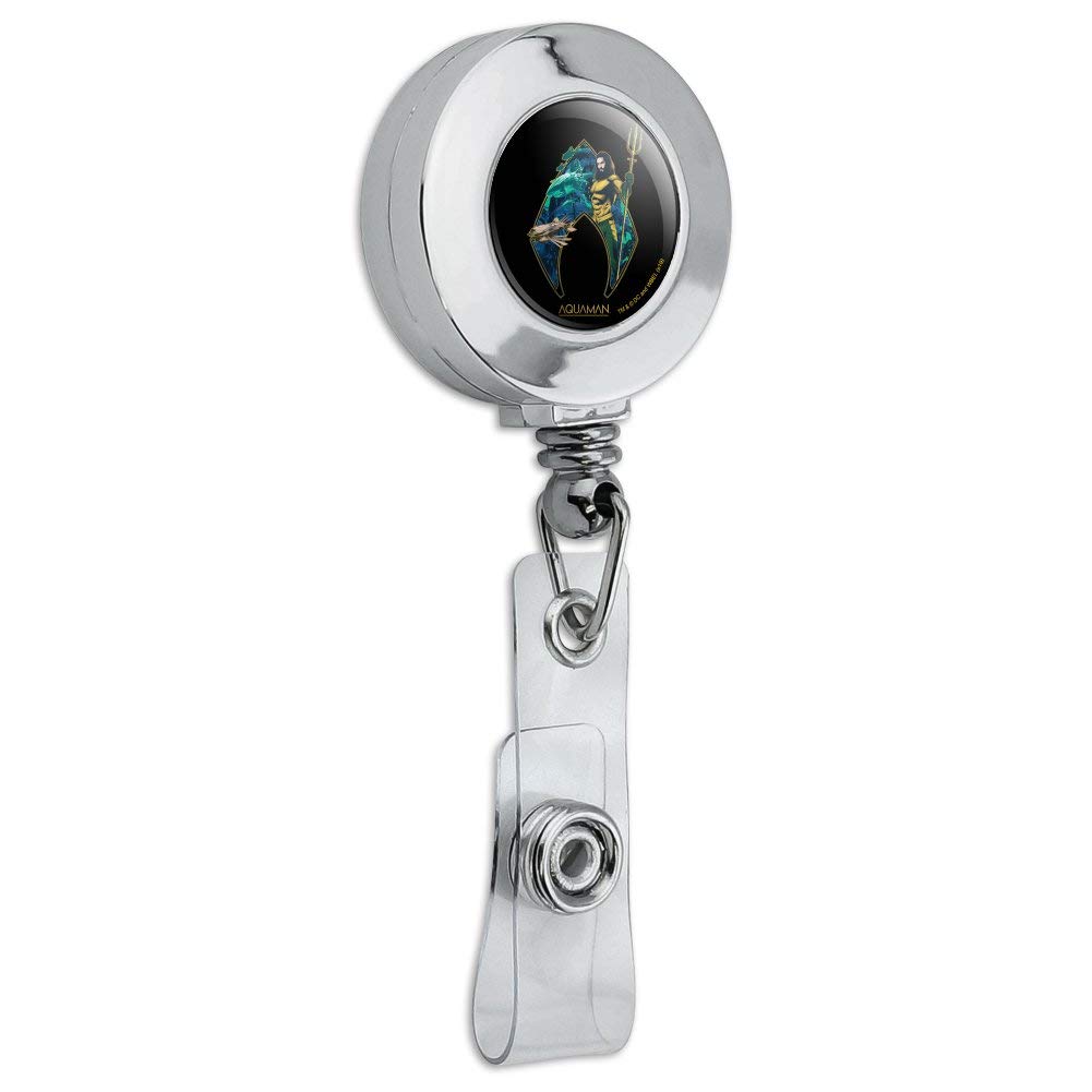 Aquaman Movie Atlantis Logo Retractable ID Badge Holder - Chrome Metal Card Clip for Work, School, and Events