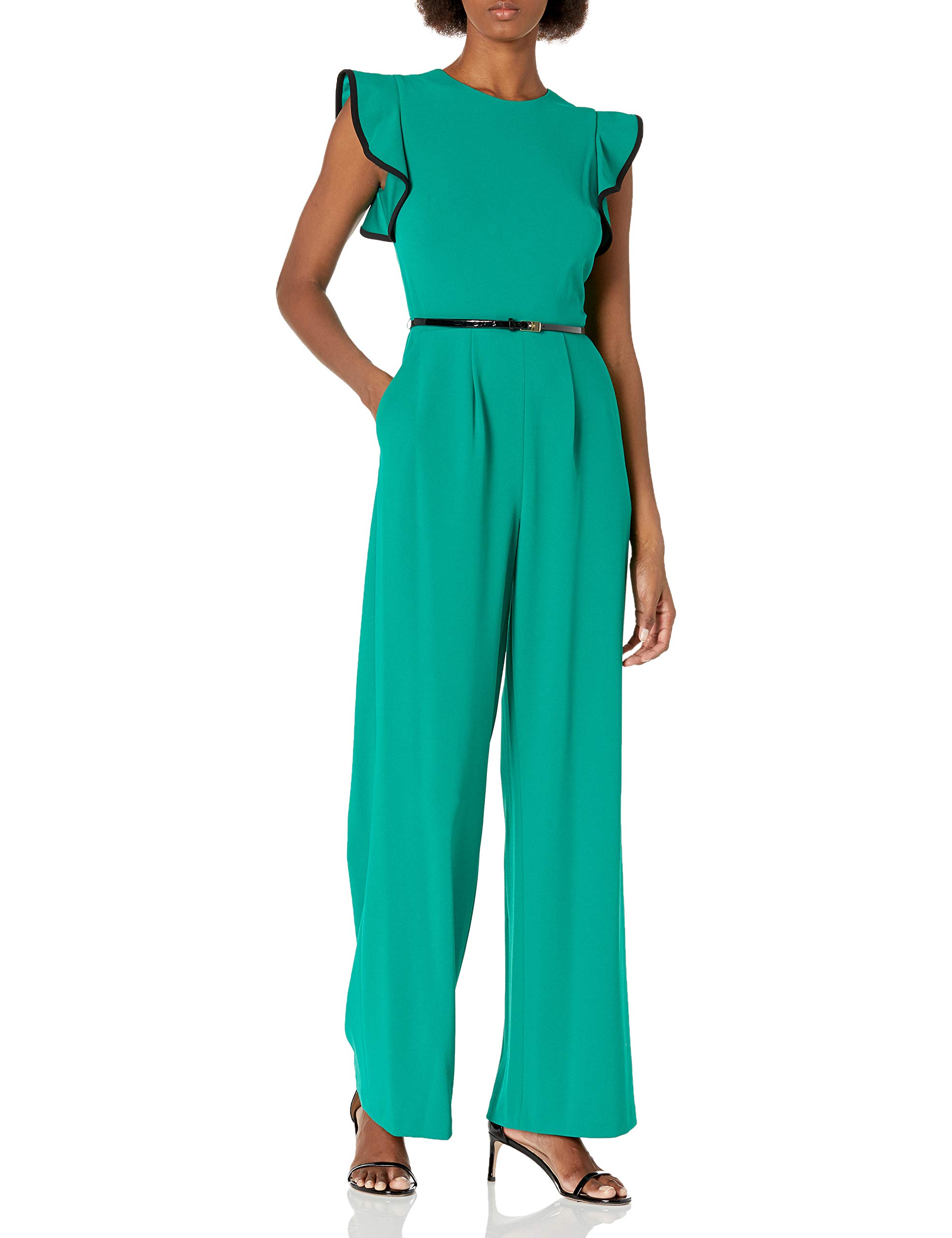Calvin Klein Women's Belted Jumpsuit | Slim Fit Stretch Fabric Romper | Perfect for Work, Date Night & Casual Outings