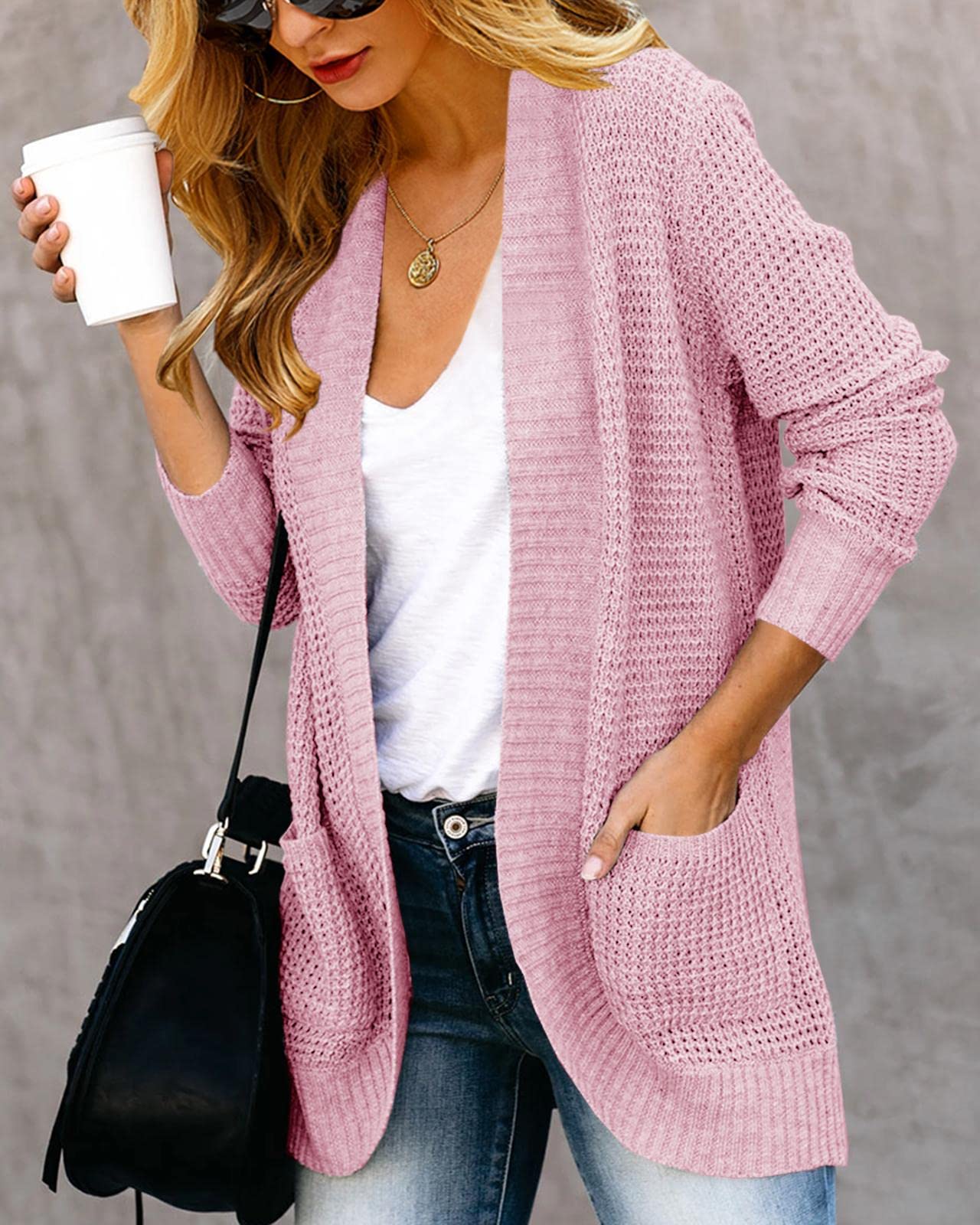 Saodimallsu Women's Loose Open Front Cardigan - Long Sleeve Lightweight Knit Sweater Coat with Pockets | Casual Comfort for Office, Lounge & Fall Layering