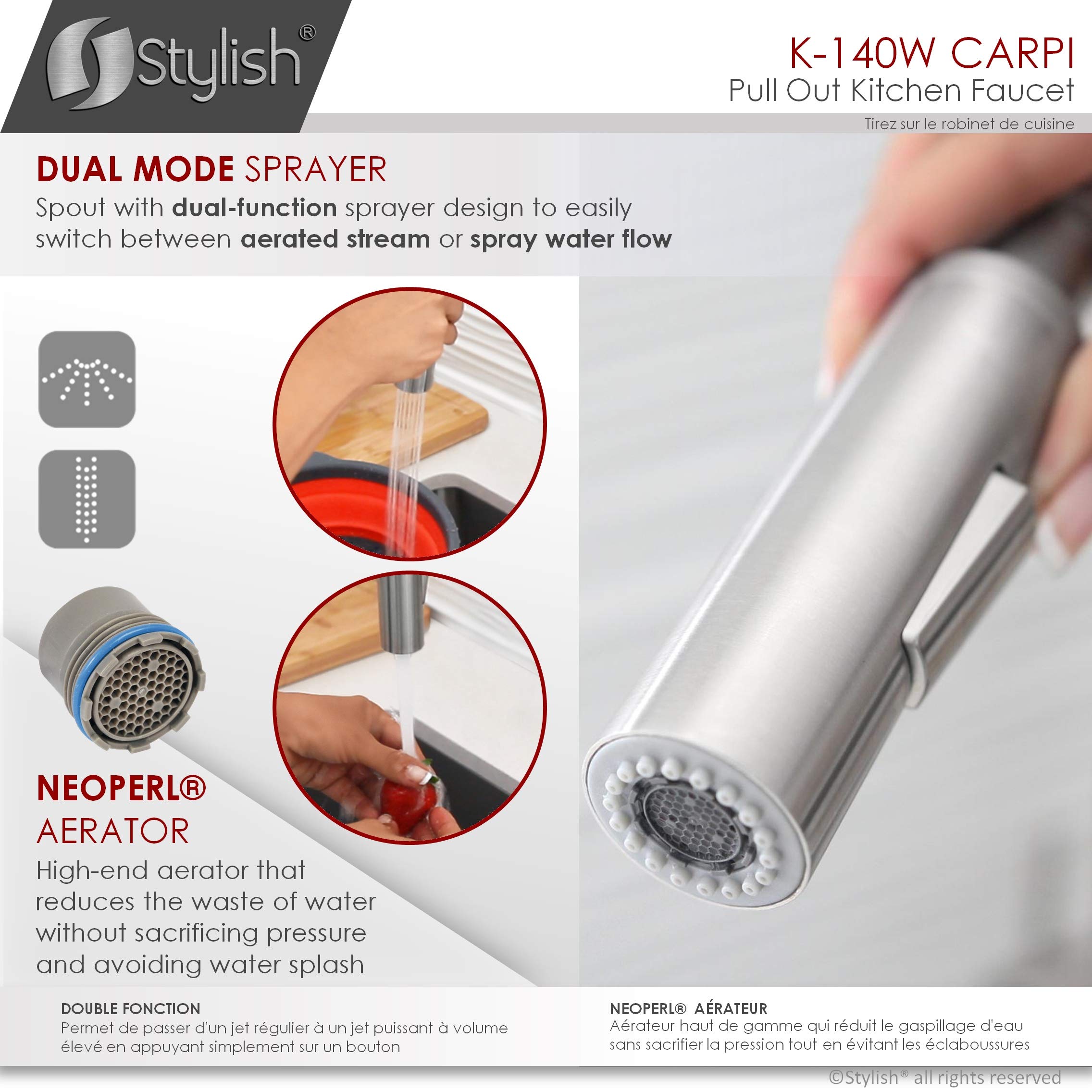Stylish Pull-Out Kitchen Faucet with Dual Function Sprayer - Single Handle Brushed Stainless Steel Sink Faucet with Silicone White Hose, Ceramic Cartridge & Aerator (Model K-140H) - Perfect for Modern Kitchens, Dishwashing & Food Prep
