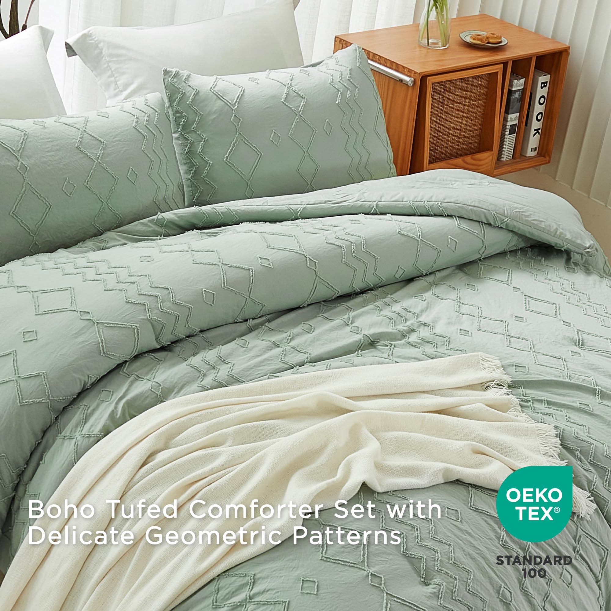 Andency Sage Green Tufted Comforter Set King Size (104x90 Inches) - 3 Piece Boho Farmhouse Bedding with Geometric Design | Soft Microfiber Down Alternative Comforter & Pillowcases | Perfect for Master Bedroom, Guest Room & Cozy Farmhouse Decor