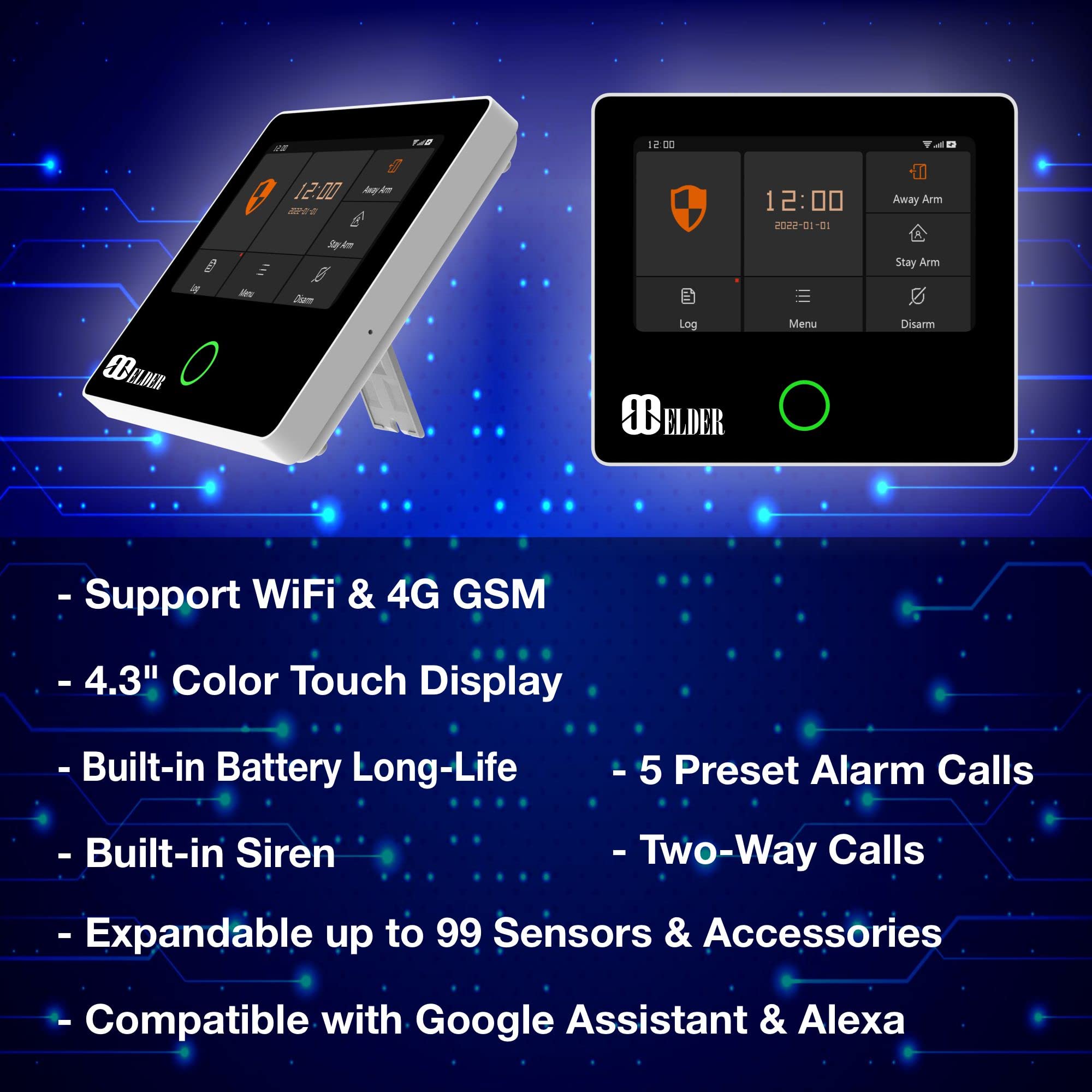 Elder Wireless 13-Piece Smart Home Security System with WiFi & 4G - DIY Touch Panel, Siren, Doorbell, Leak & Motion Sensors - Compatible with Google Assistant & Alexa - Perfect for Home Protection & Remote Monitoring