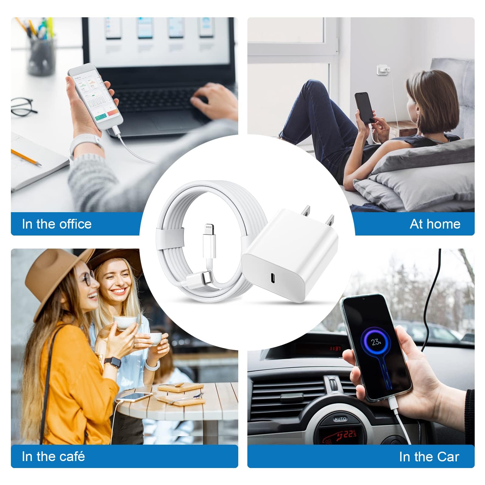 20W PD Fast Charger 4-Pack with 6FT USB-C Cable - Compatible with iPhone 14/13/12/11/XS & iPad - Quick Charging for Home, Office & Travel