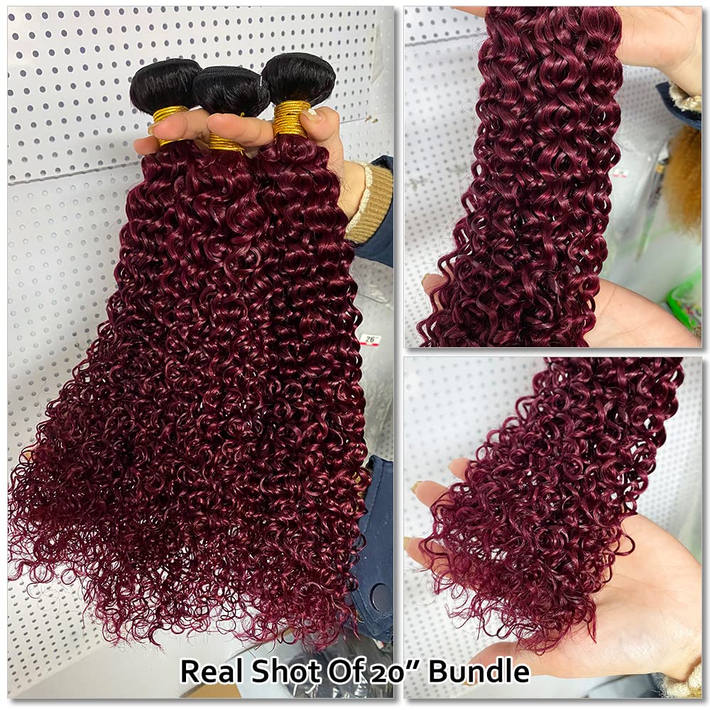 Ombre Burgundy Brazilian Curly Hair Extensions 3 Bundles with 16