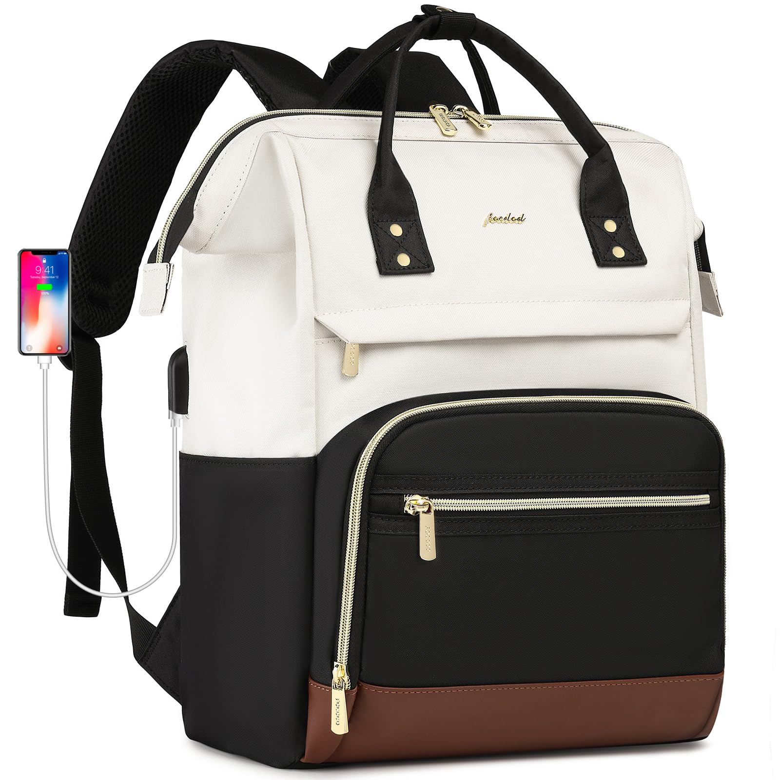 FOCDOD 15.6 Inch Laptop Backpack for Women - Waterproof Business Work Backpack with Large Capacity, Nurse Bag & Travel Daypack (Black/White/Brown) - Perfect for Office, School, Commuting & Weekend Getaways