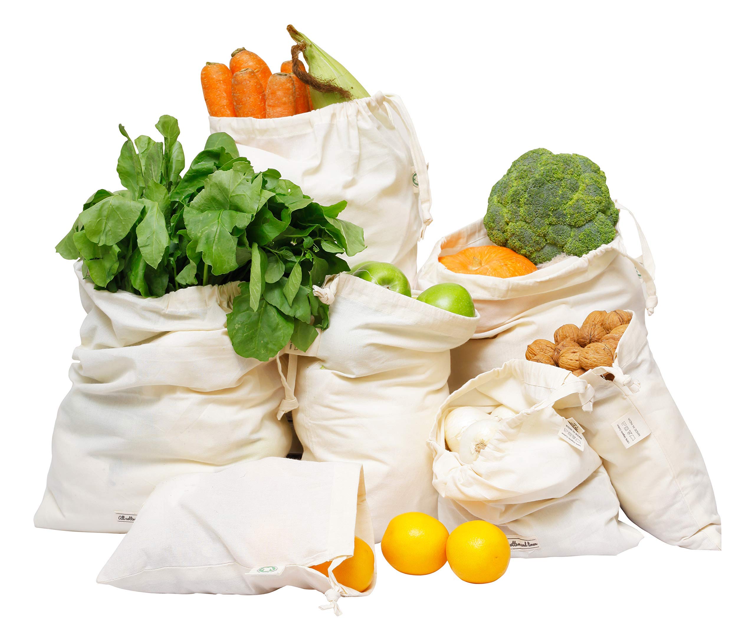 Organic Cotton Produce Bags Set of 7 - Reusable Muslin Drawstring Bags for Fruits, Vegetables, Bread & Bulk Foods (XXL, XL, L, M, S, XS) - Eco-Friendly Grocery Shopping & Zero Waste Storage Solution