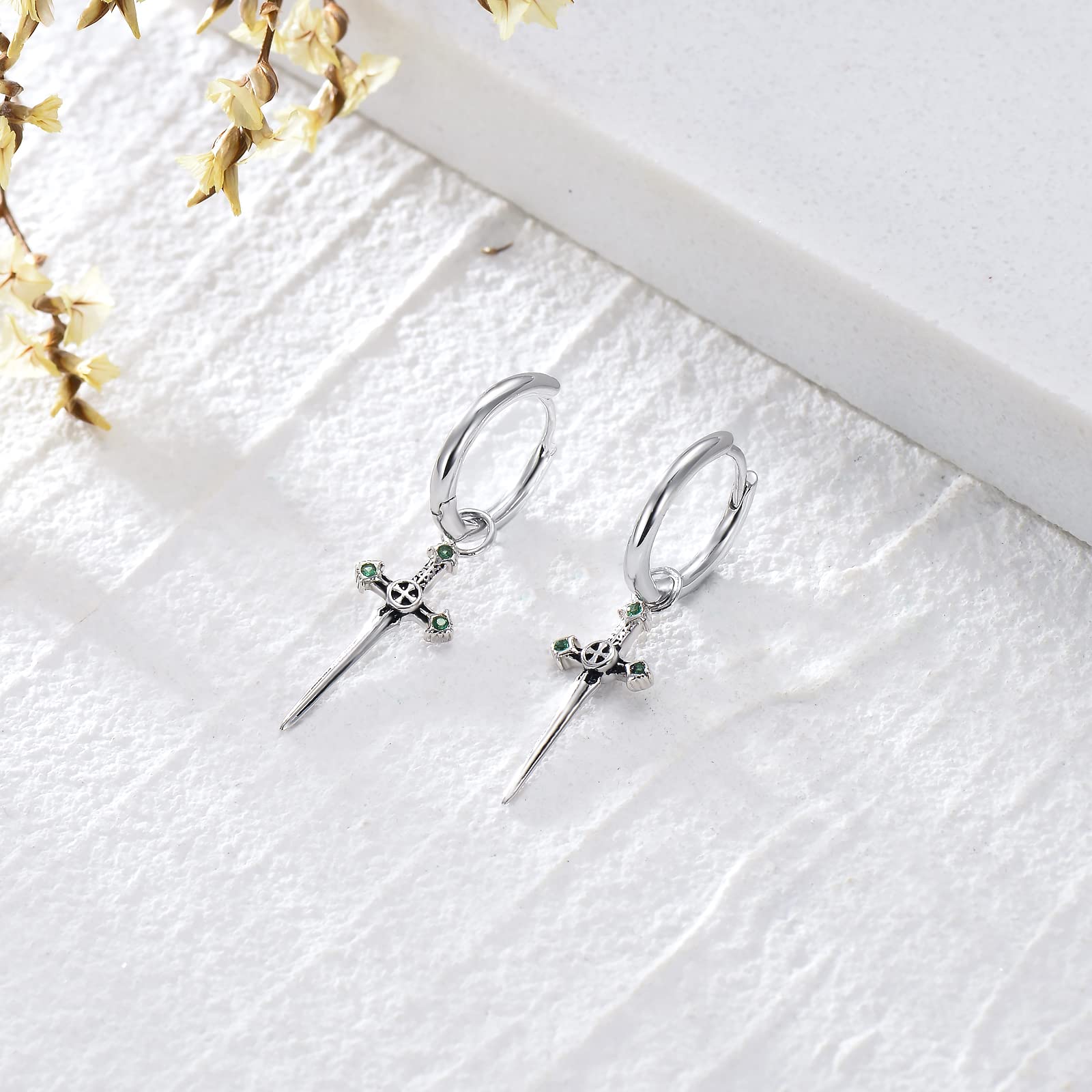 Sterling Silver Medieval Sword Dangle Drop Earrings - Gothic Dagger Hoop Earrings with Cross Knives Design for Women, Men & Teens - Perfect for Cosplay, Renaissance Fairs & Gothic Fashion